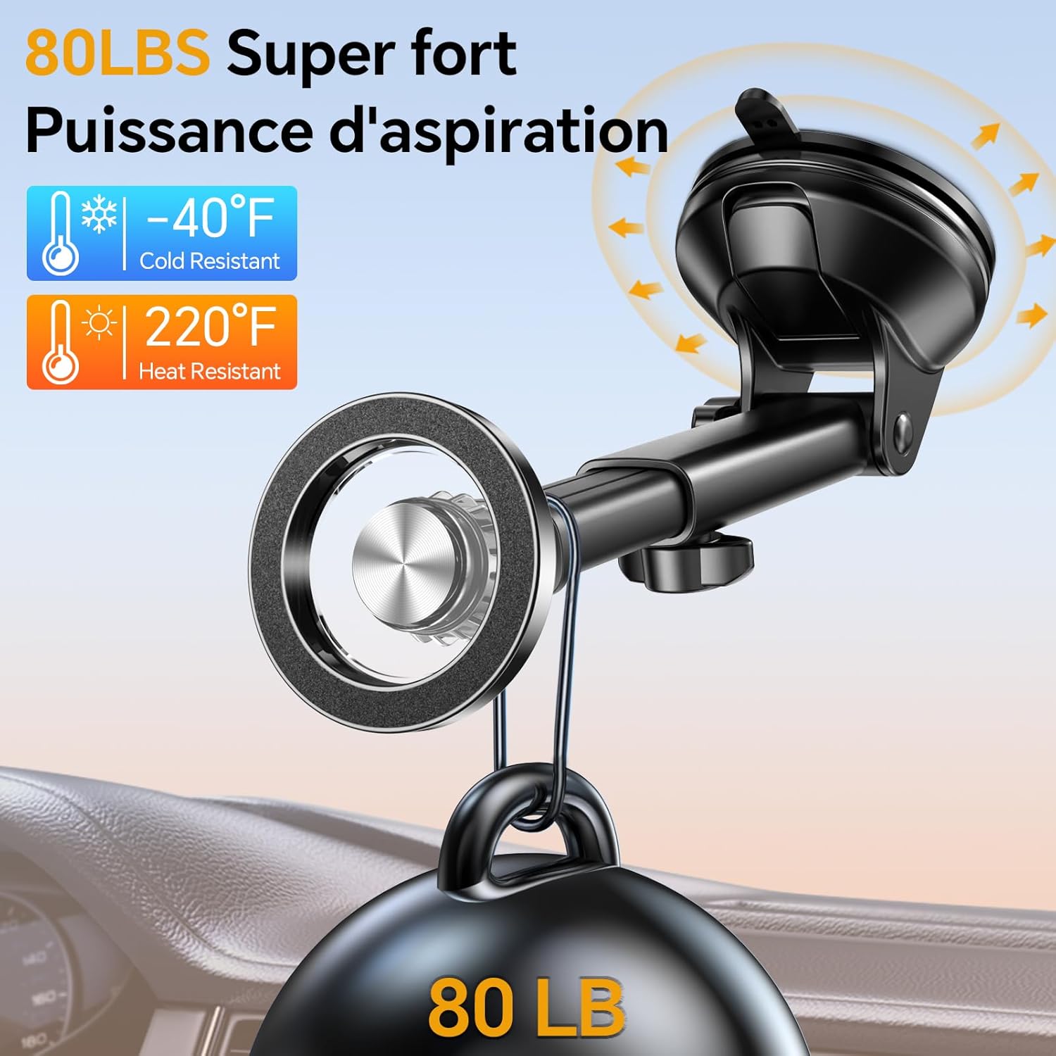 Thumbnail 4 de Coolpow Support Téléphone Voiture Magnétique avec bras télescopique 360° (aimant MagSafe, ventouse gel)