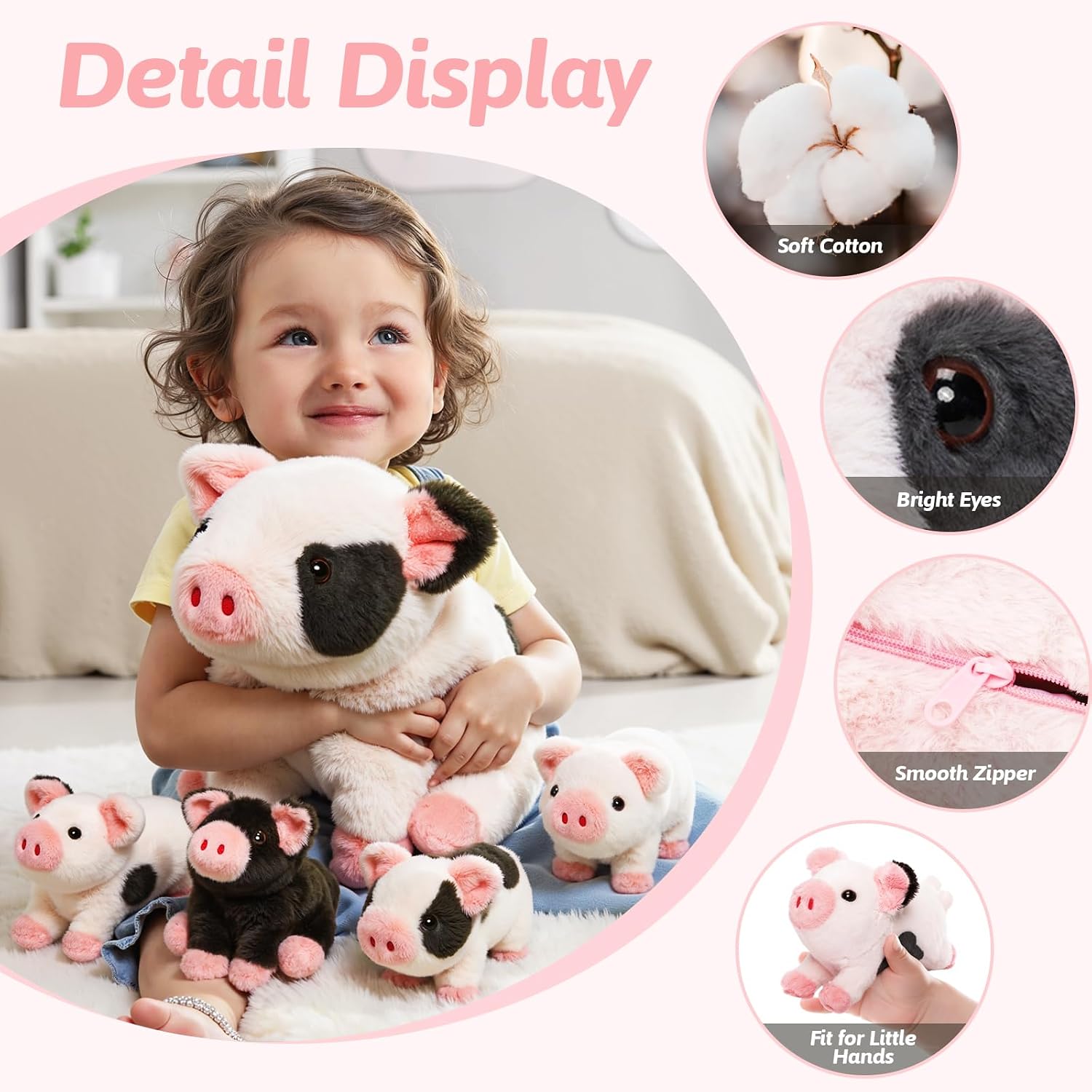 Detalle 2 de OUOZZZ 5er Set Schwein Kuscheltier – je 23 cm, mit 4 Baby-Schweinchen im Bauch, weicher Plüsch & sicherer Begleiter