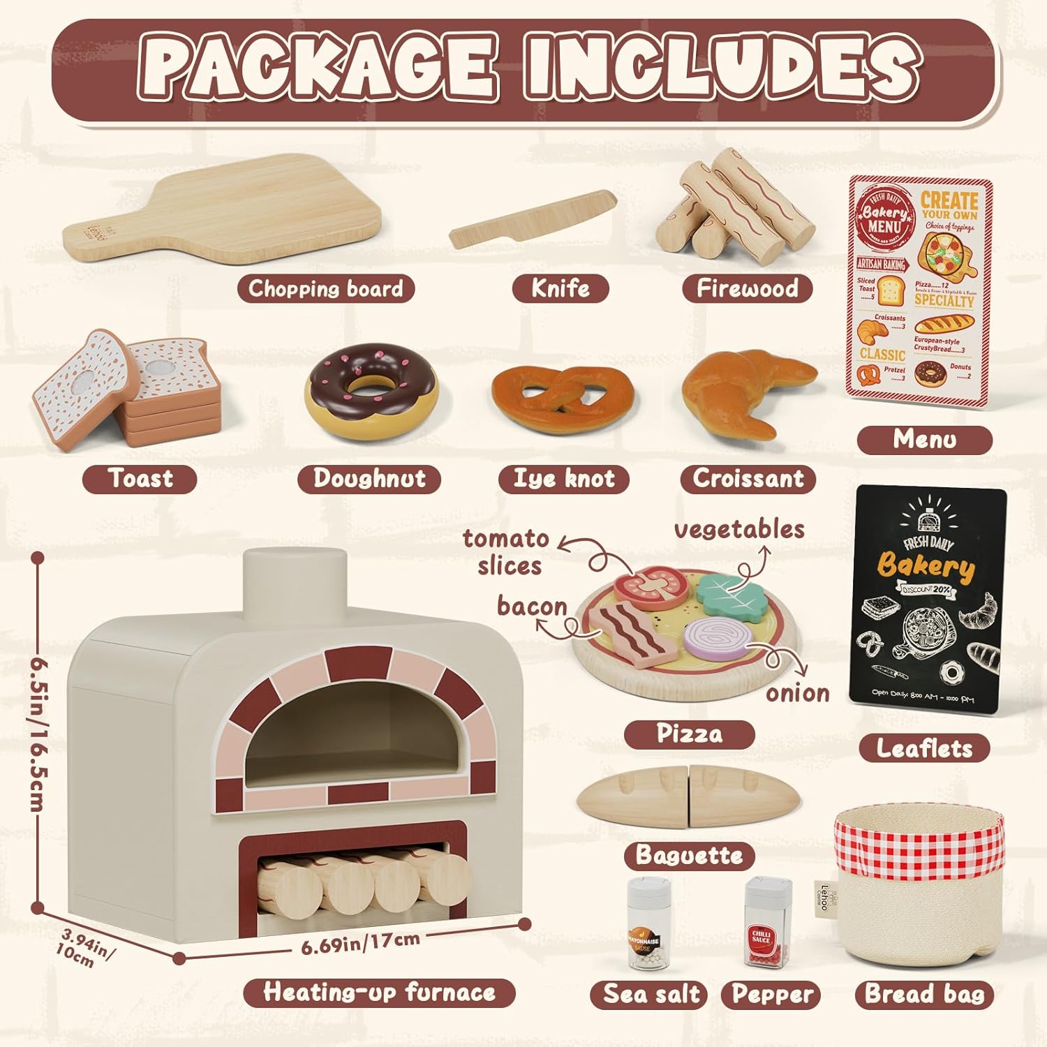 Thumbnail 5 de Lehoo Castle wooden play food baking set with pizza toys and Velcro cutting pieces