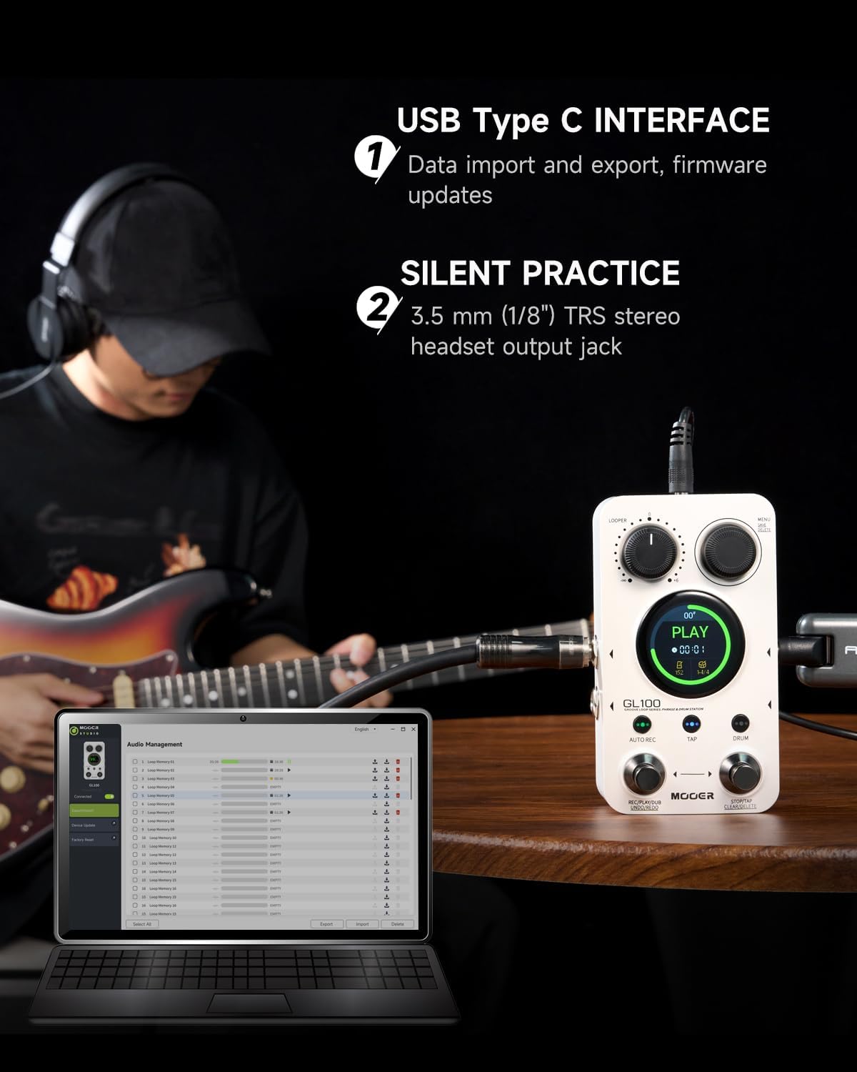 Detalle de MOOER GL100 Looper Pedal and Drum Machine with 220 Patterns and Touchscreen