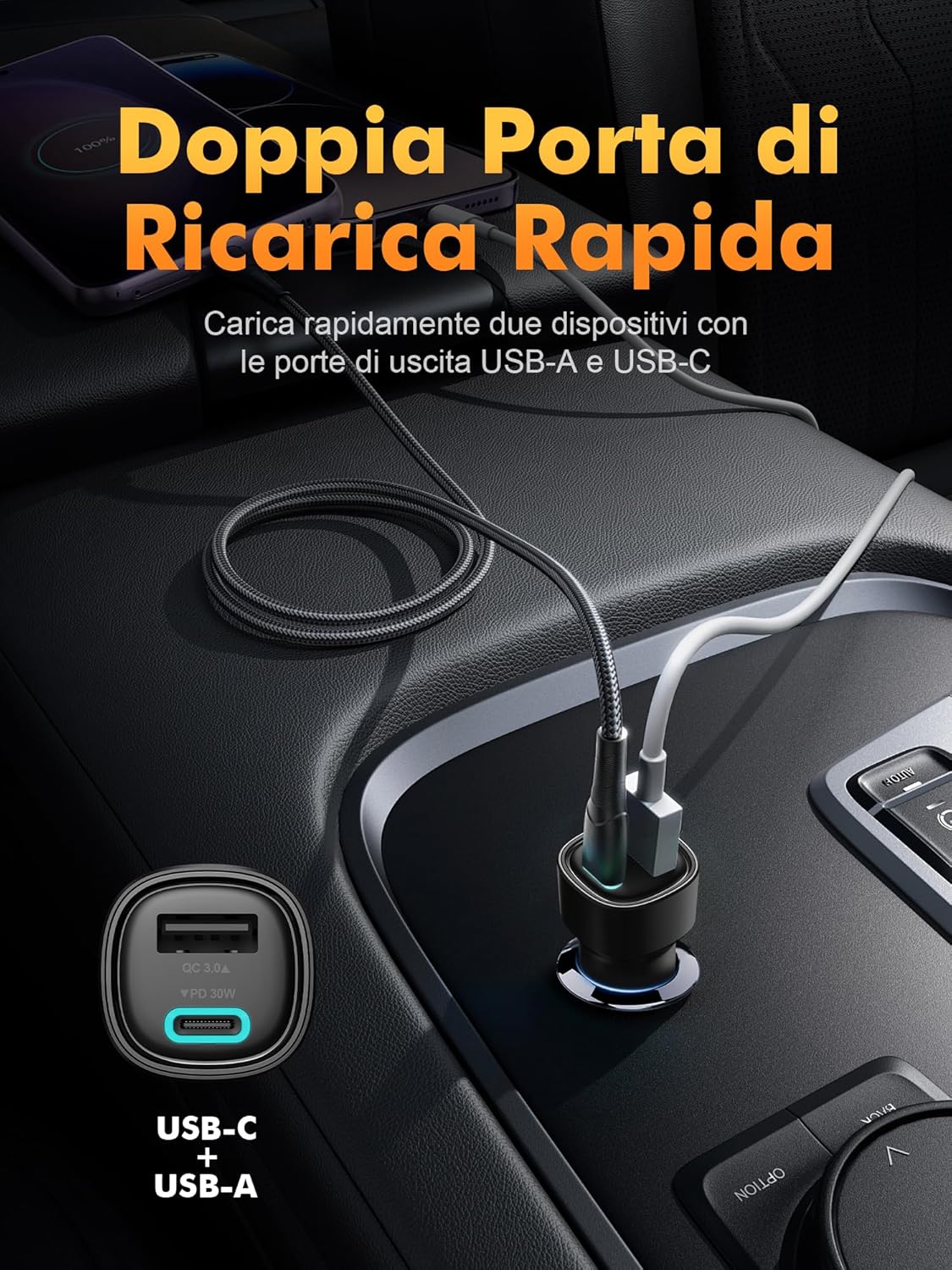 Thumbnail 2 de GRIFEMA caricatore auto USB-C 48W con doppia porta (PD 30W + QC 3.0 18W)