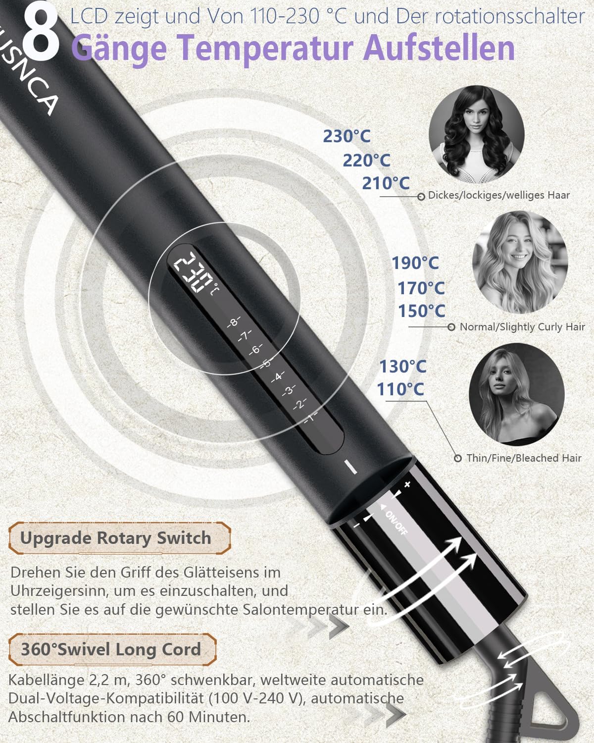 Thumbnail 3 de KUSNCA Ionen Glätteisen LCD 110–230 °C (2-in-1: glätten & locken) mit 25-mm-Keramikplatten