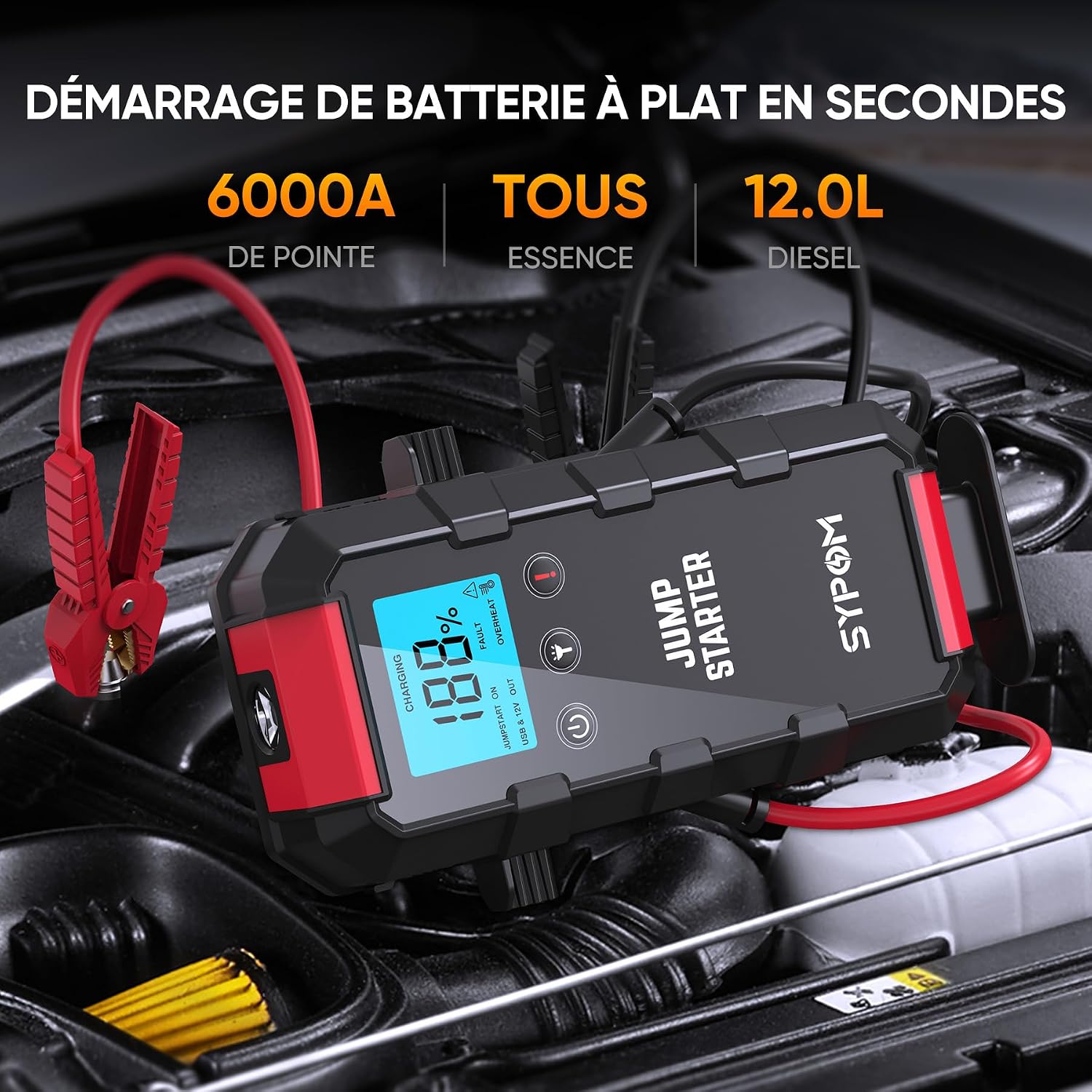 Detalle de SYPOM Démarreur de batterie automatique 6000 A — Booster 4 en 1 (12 V)