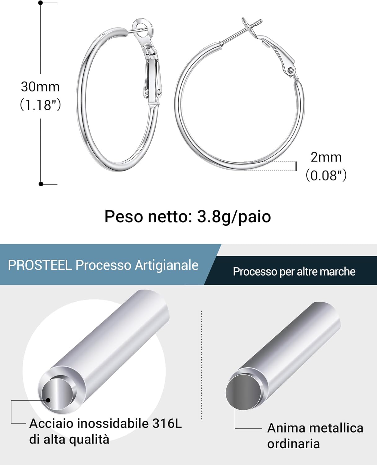 Thumbnail 6 de Set PROSTEEL da 3 paia di orecchini a cerchio in acciaio 316L: argento, nero e oro