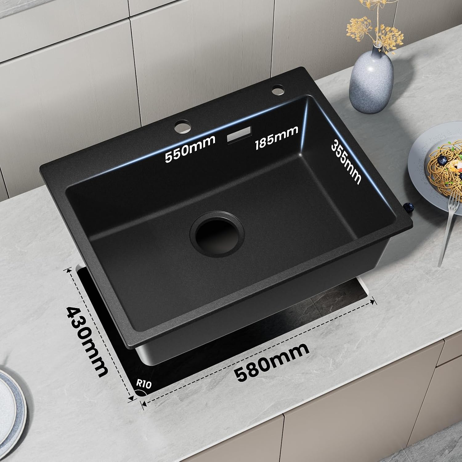 Thumbnail 1 de CECI PA Spülbecken Schwarz Granit 60 x 45 cm mit Siebkorb – Küchenspüle für 60-cm-Unterschränke