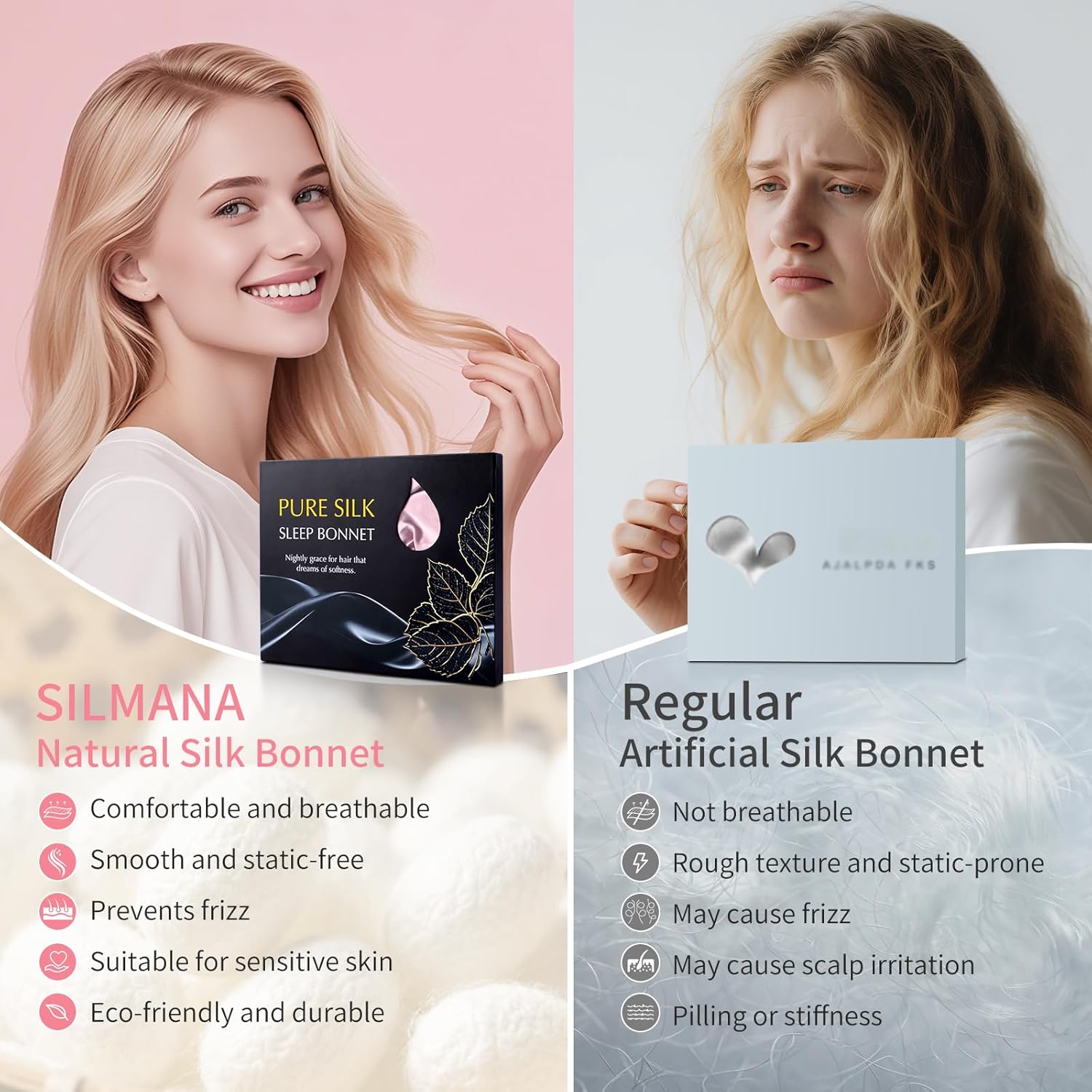 Detalle de Silmana Silk Bonnet for Sleeping Women – 22 Momme 100% Mulberry Silk, double-layer wrap