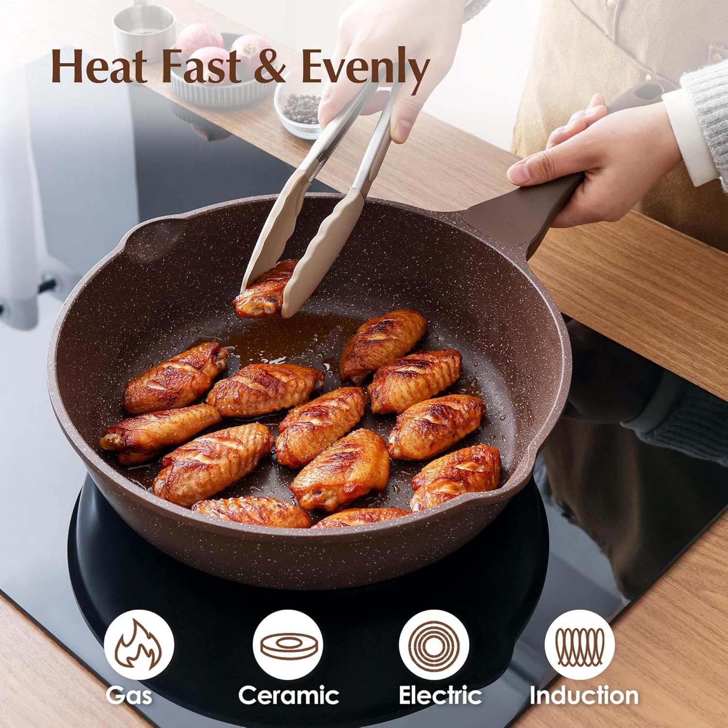 Detalle de SENSARTE Nonstick Deep Frying Pan Skillet (12-inch) with Lid, Stay-Cool Handle, Induction Compatible