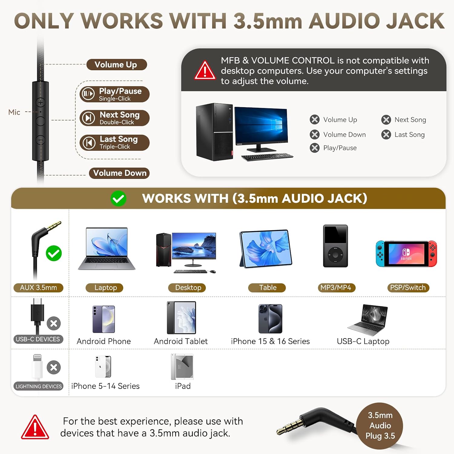 Detalle de KVIDIO Wired Headphones with Mic, 40mm Drivers, 3.5mm Plug, and Foldable Over-Ear Comfort