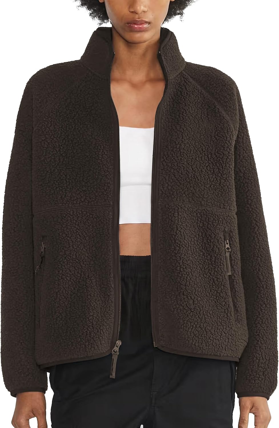 Detalle de Hixiaohe Women's Sherpa Fleece Jacket, Full Zip with Mock Neck and Pockets