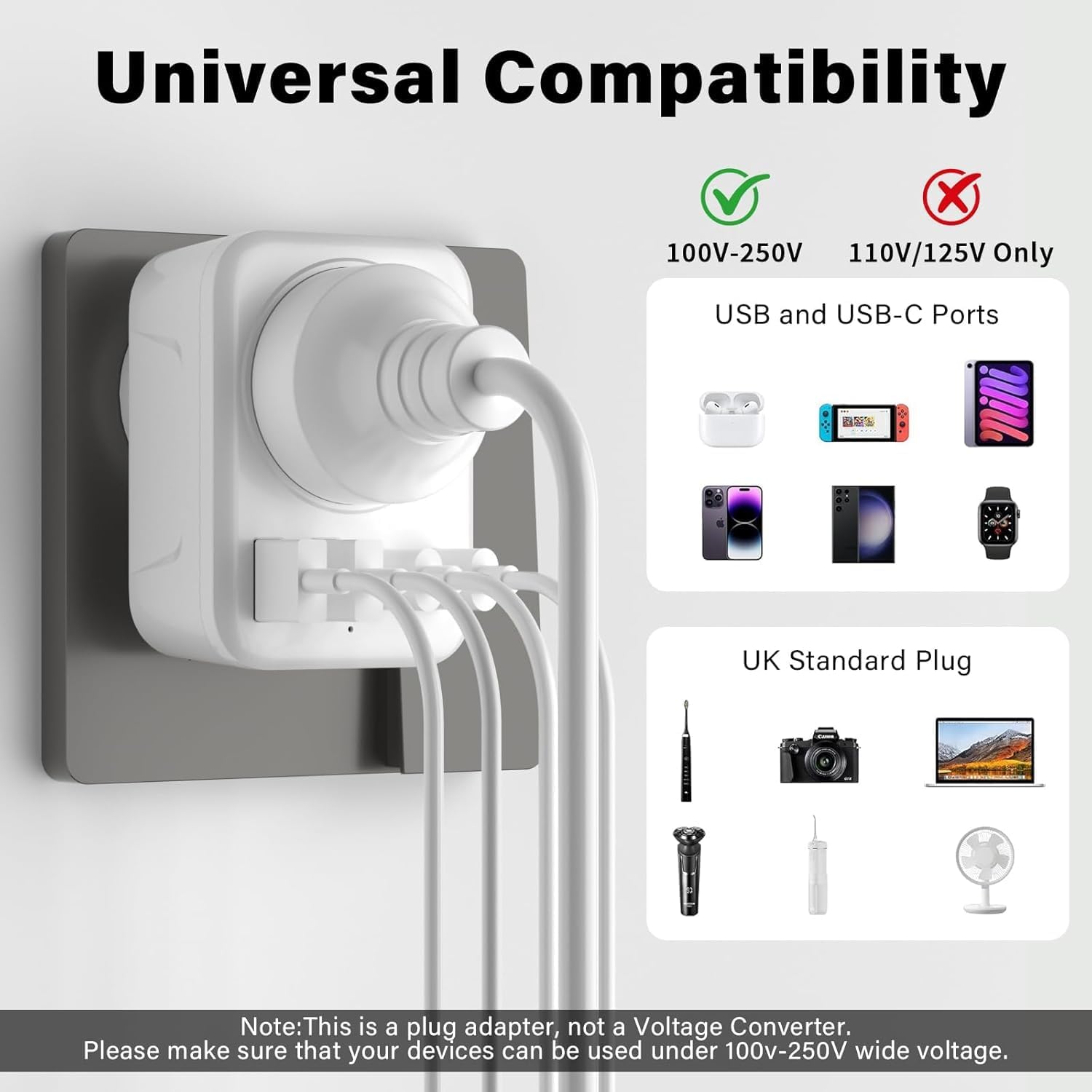 Detalle de 5 in 1 UK to Japan Travel Adapter with 2 USB-C and 2 USB-A Ports, 1 AC Outlet (100V-240V) – Type G to Type A
