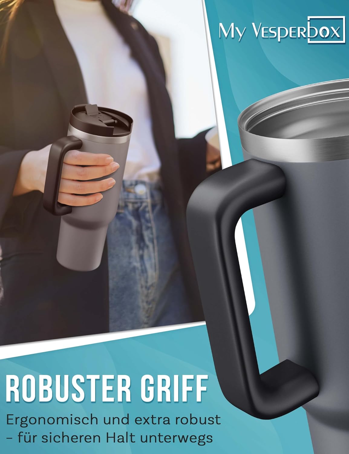 Thumbnail 3 de My Vesperbox KINNY CUP Trinkflasche mit Strohhalm – 500 ml Thermobecher (BPA-frei, auslaufsicher, spülmaschinenfest, Grau)
