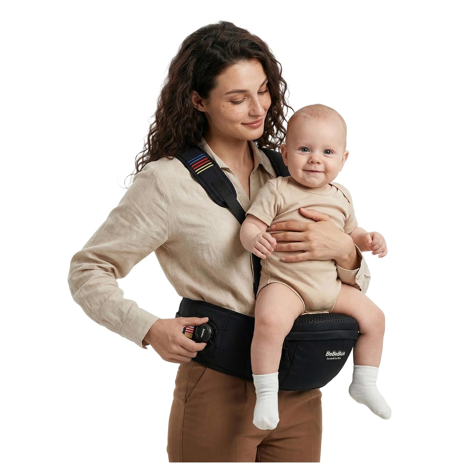 Bebebus Babytrage mit Hüftsitz und Hüfttrage – Stufenloser Drehmechanismus, Y-Trägersystem, Taschen & bis 20 kg