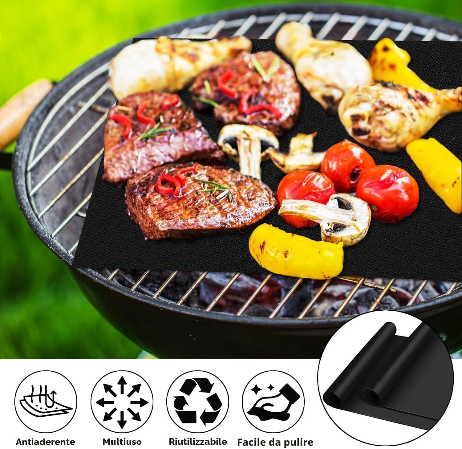 Detalle de GROFIS Set di 5 Tappetini Barbecue 60x40 cm: tappetini antiaderenti in teflon con accessori