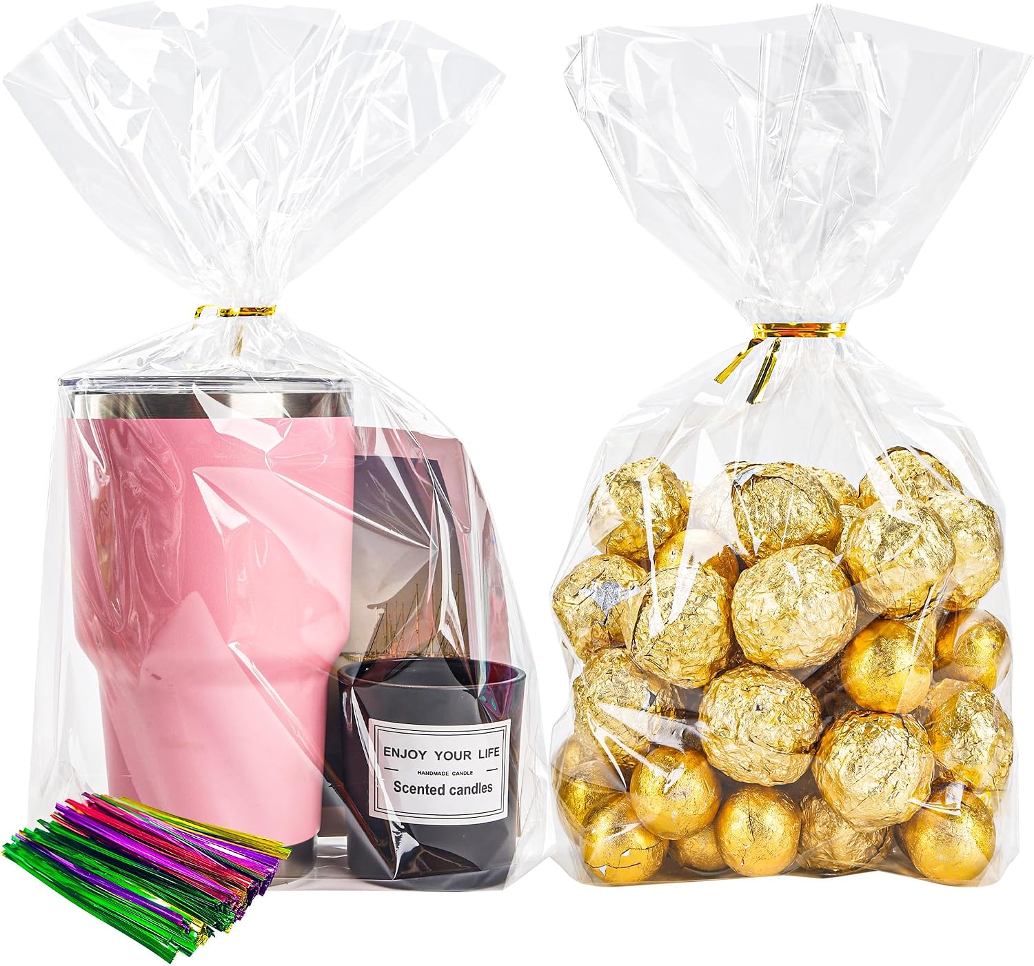 Detalle de NPLUX 100 Pack Clear Flat Bottom Cellophane Treat Bags with Twist Ties (8x11x3.15 in)