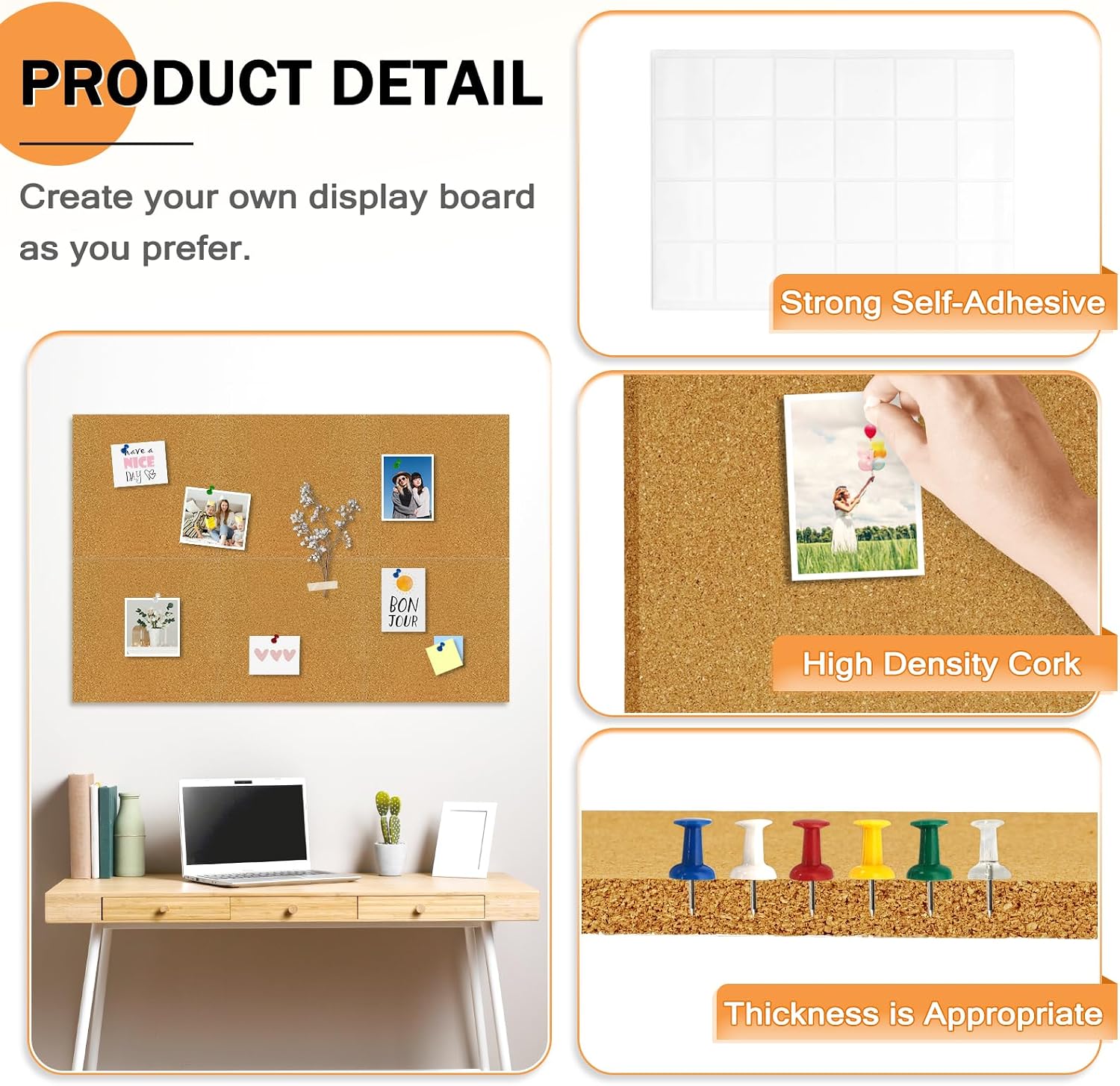 Detalle 2 de AMUSIGHT Cork Board Tiles, 6-Pack, 12 x 12 Inch, 0.35-Inch Thick