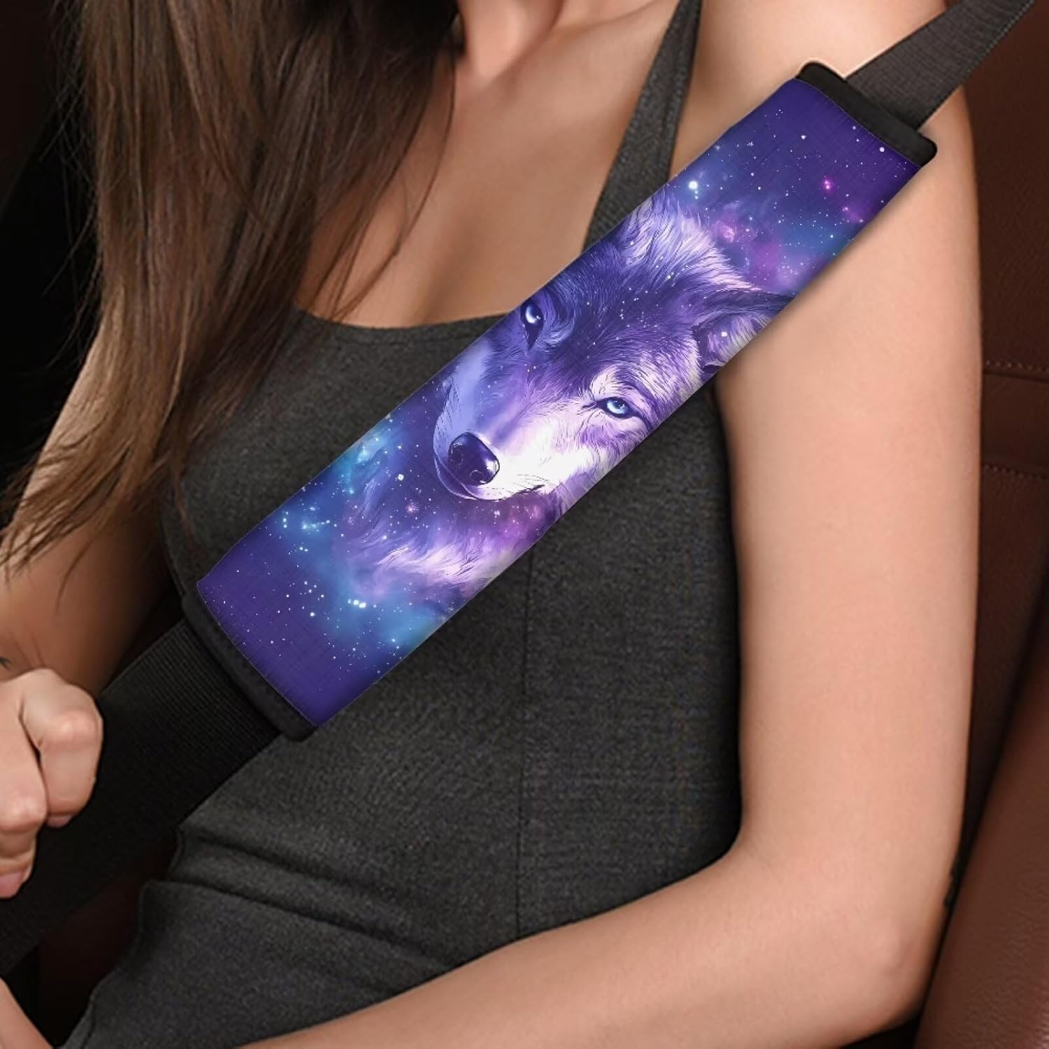 Thumbnail 3 de Wanyint Wolf Galaxy Violet car seat belt pads (2-pack) – soft breathable strap shoulder cushions