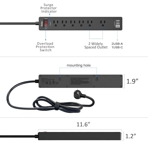 Thumbnail 6 de Yintar 6Ft Surge Protector Power Strip with 6 Outlets & 3 USB Ports (Black)