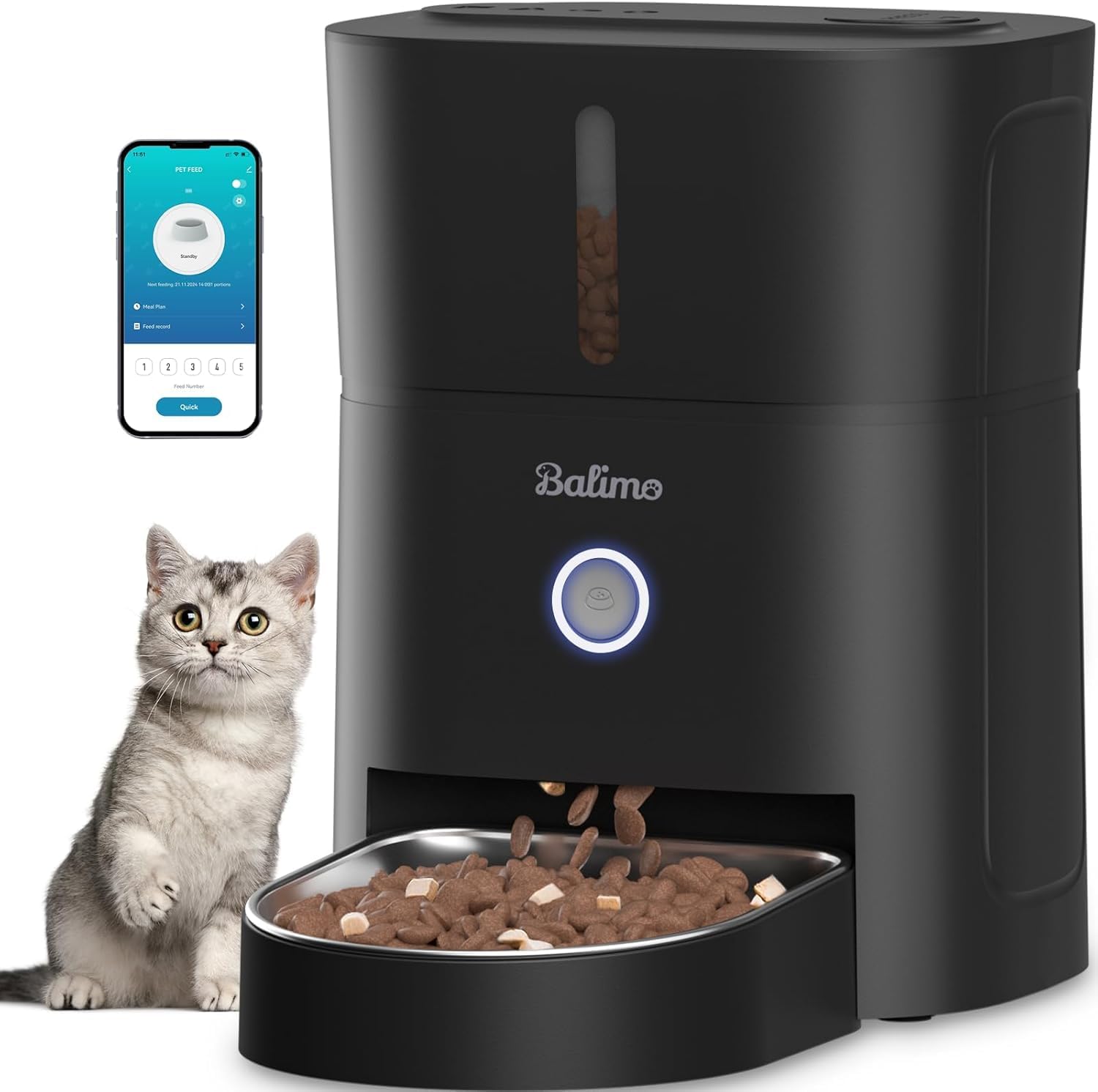 Detalle de Balimo Distributore Automatico di Cibo per Gatti e Cani, 3L, con App WiFi 2.4G, 10 pasti/giorno e ciotola in acciaio inox