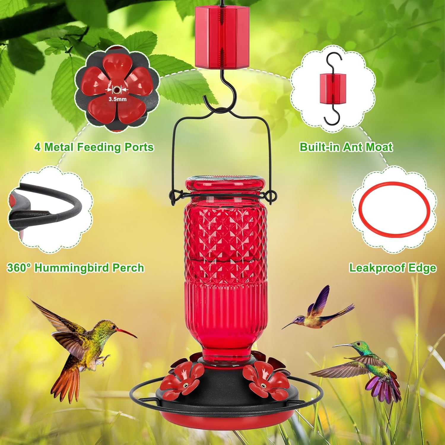 Thumbnail 3 de FEED GARDEN Glass Hummingbird Feeder (16oz) with Ant Moat, 4 Bee-Proof Ports & 360° Perch