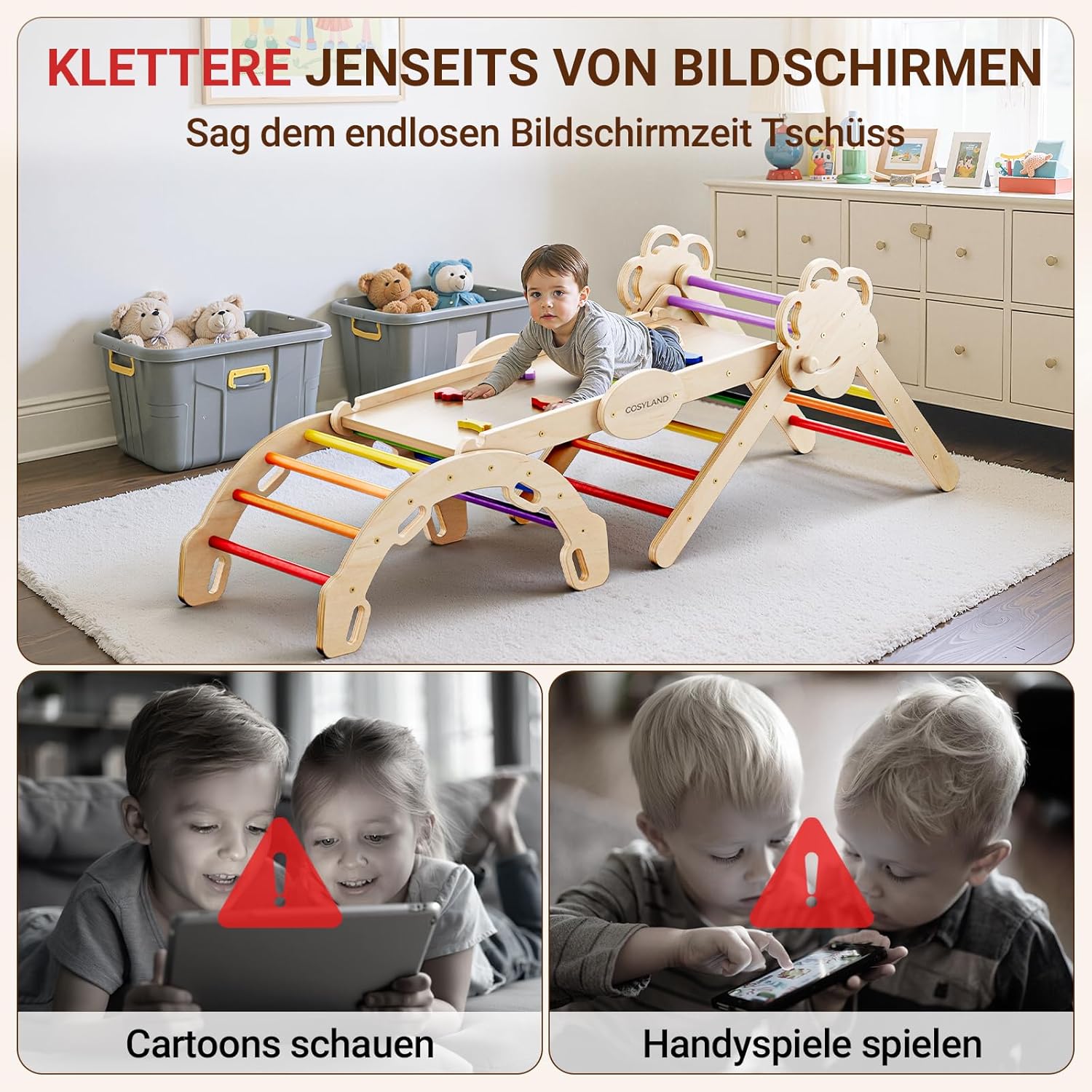 Thumbnail 5 de COSYLAND Indoor Klettergerüst L – Großes Kletterdreieck-Set mit Kletterbogen & Rutsche (8-in-1) für Kinder ab 18 Monaten