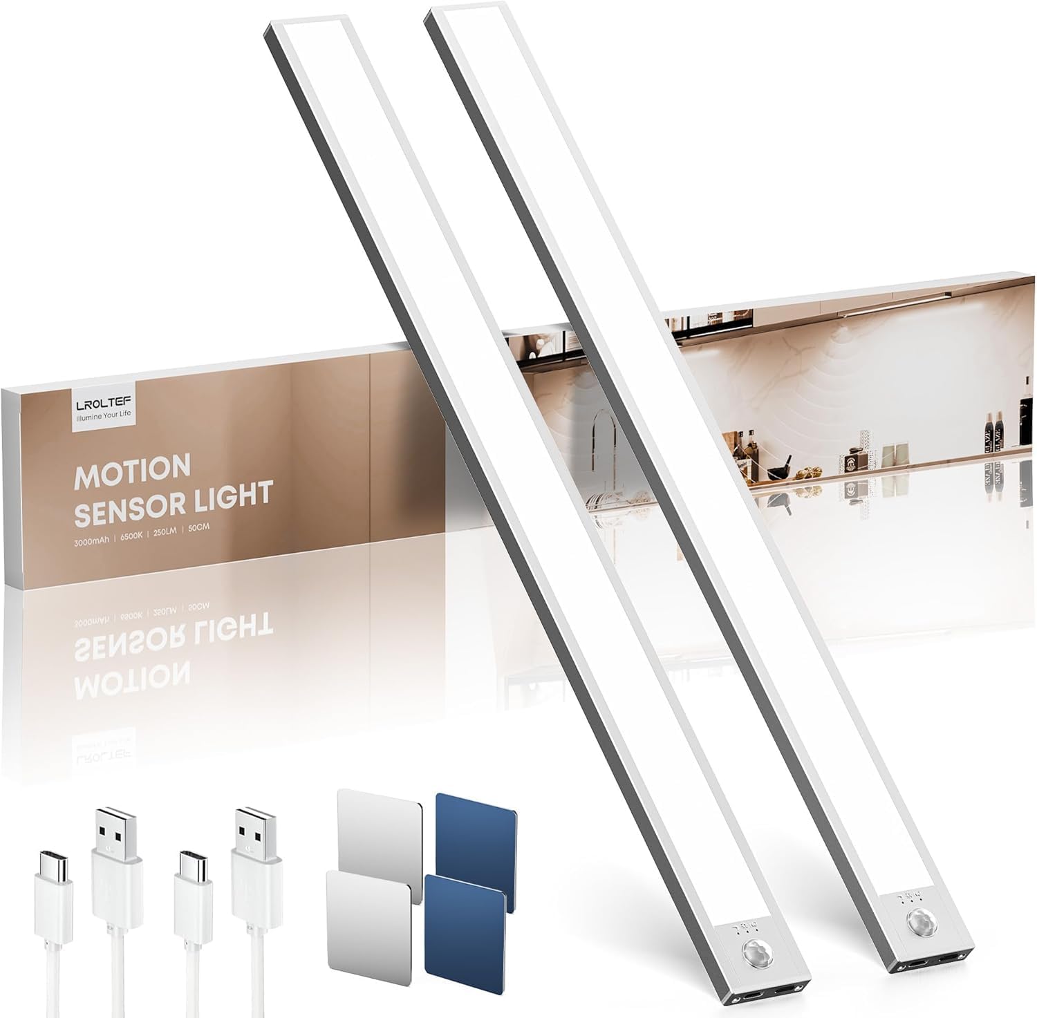 Detalle de LROLTEF Under Cabinet Kitchen Lights with Motion Sensor – 2 Pack, 50cm, 6500K, USB-C Rechargeable