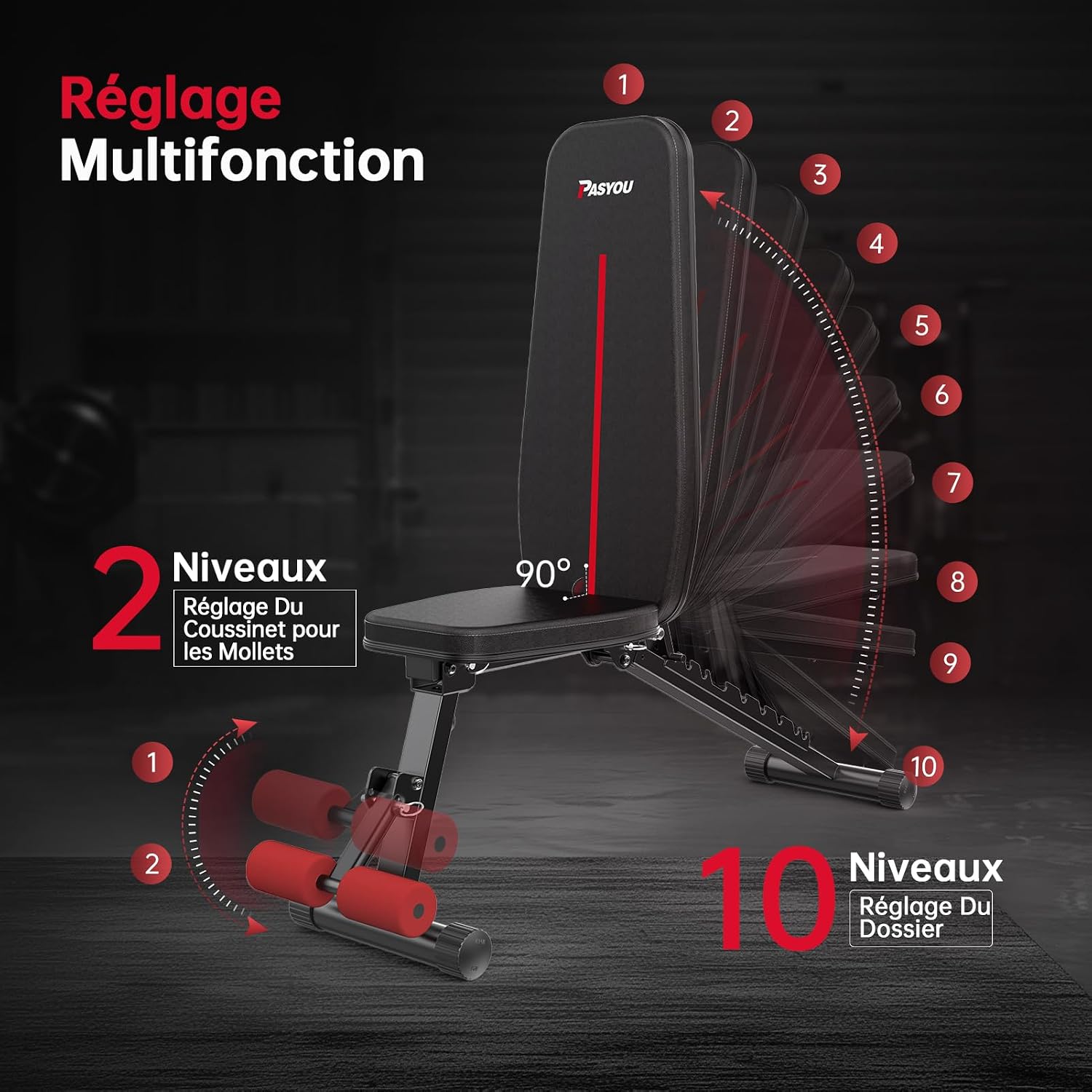 Detalle 2 de PASYOU Banc de musculation pliable 10 positions réglables jusqu’à 92°