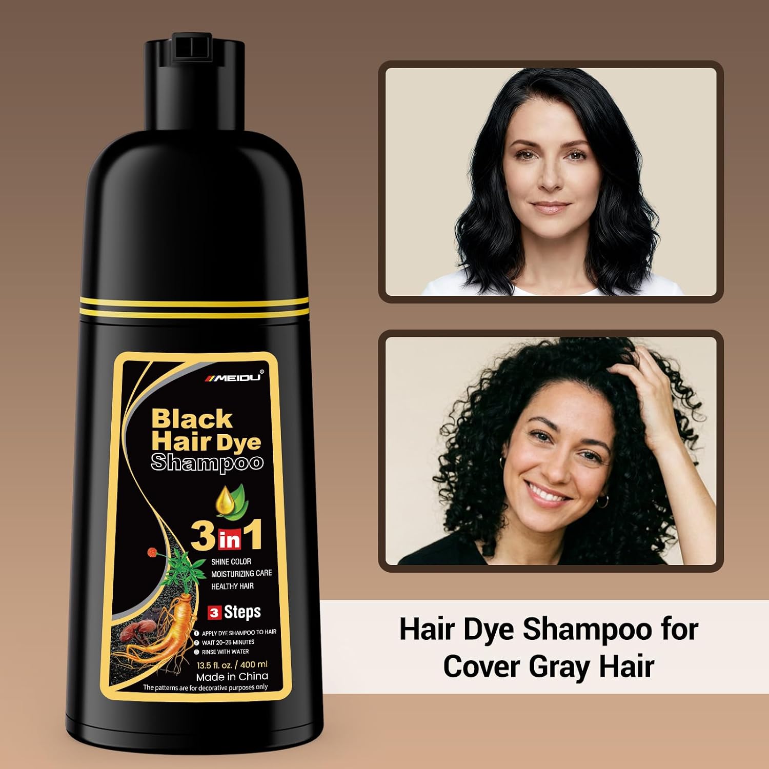 Thumbnail 4 de IIIMEIDU MEIDU Black Hair Dye Shampoo 3 in 1 — Gray Coverage, Semi-Permanent Color for Color-Treated Hair