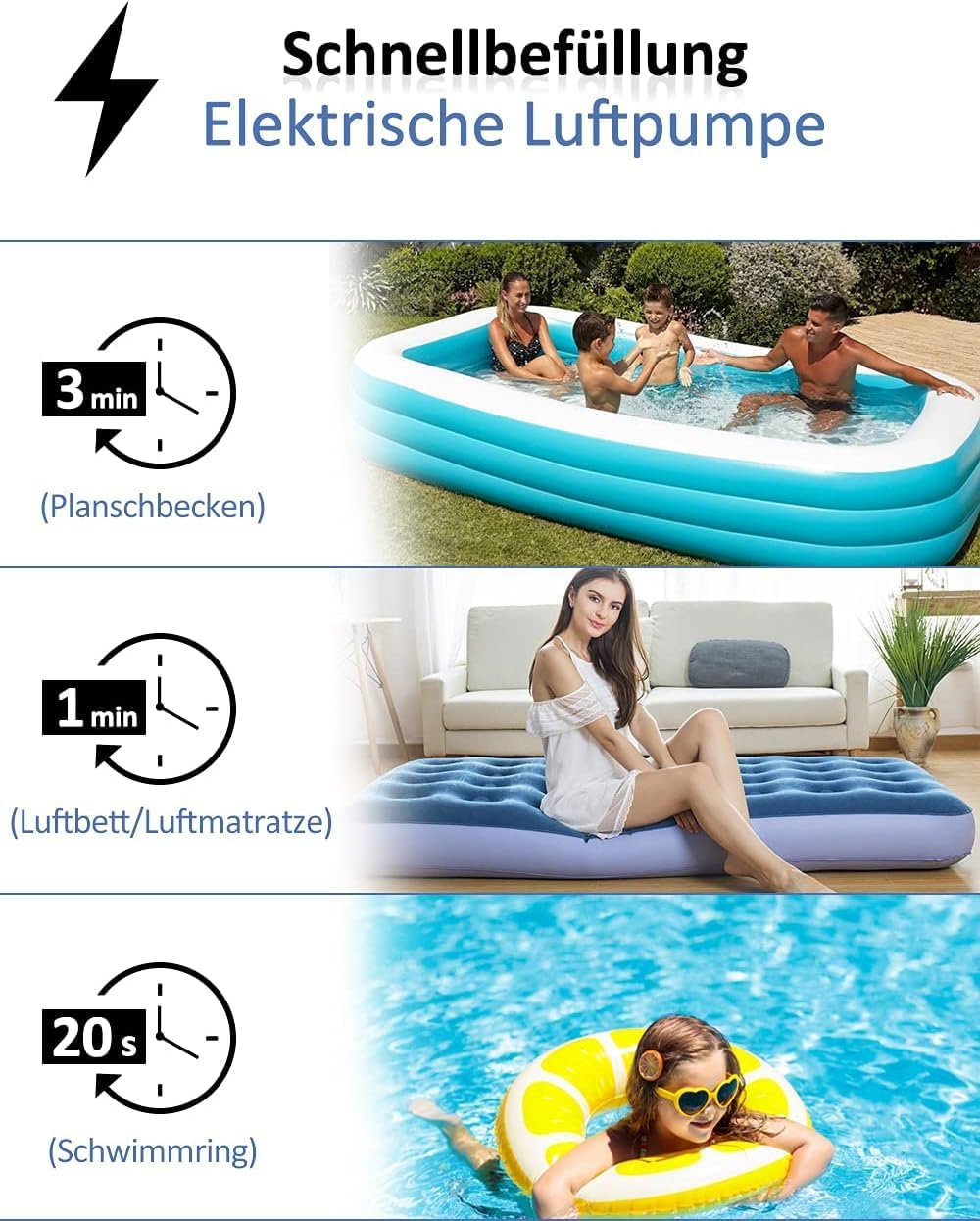 Detalle de Kabellose elektrische Luftpumpe mit 2×2000mAh Akku – Schnellaufblasen für Pool, Schlauchboot & Luftmatratze (4 Düsen)