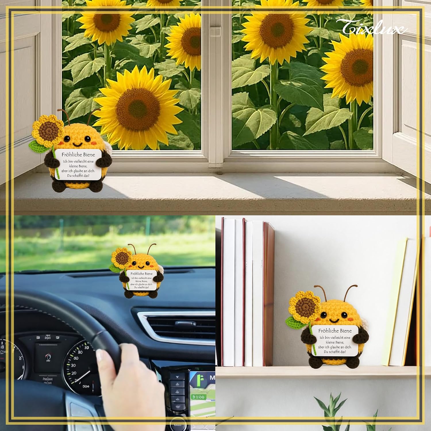 Thumbnail 6 de Tixlux Pocket Hug Fröhliche Biene mit Sonnenblumenstrauß – Strick-Dekofigur & Umarmungs-Glücksbringer