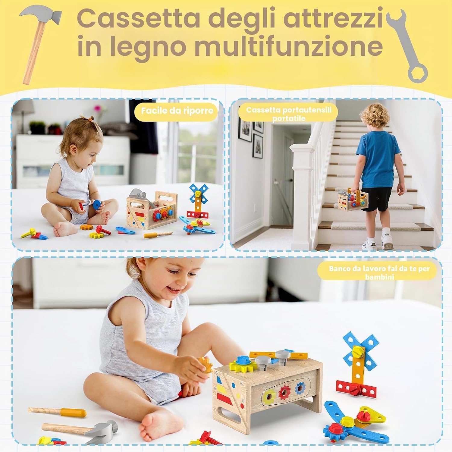 Detalle de Cassetta Attrezzi per Bambini in Legno con Banco Montessori e Grembiule – Set da 42 pezzi (2–4 anni)