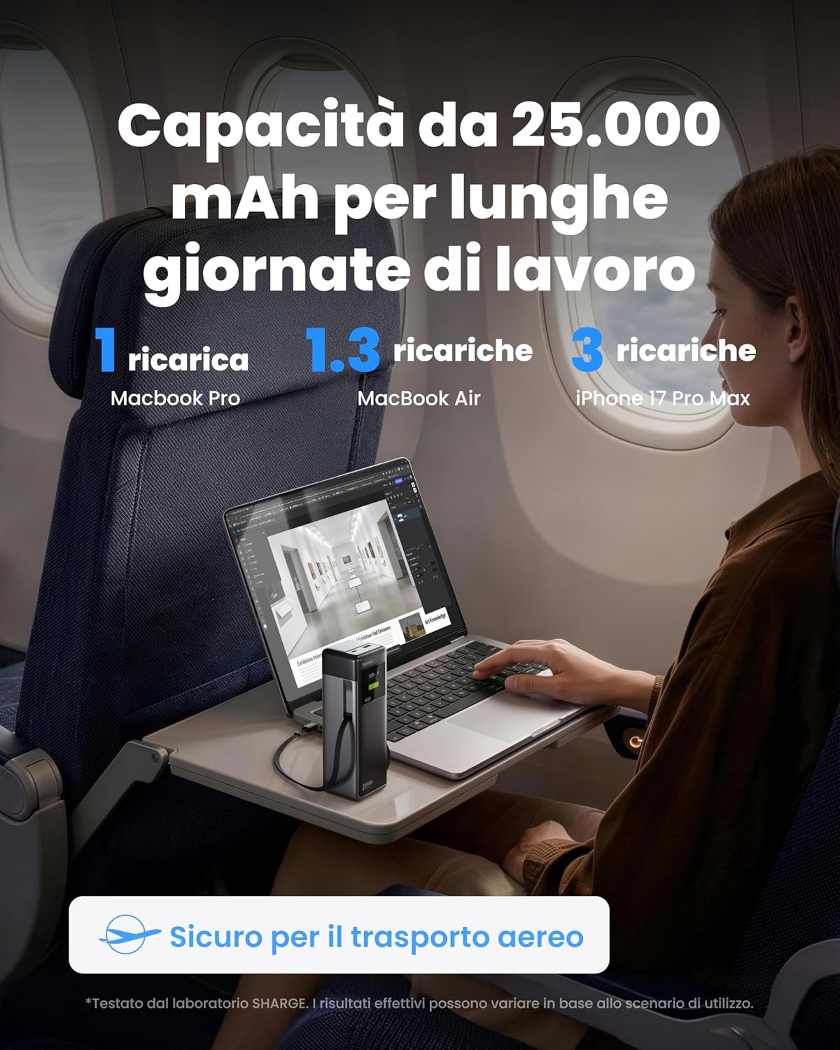 Detalle 2 de SHARGE Power Bank Portatile HyperTower 170W: Batteria da 25000mAh con 4 uscite indipendenti e cavi USB-C integrati