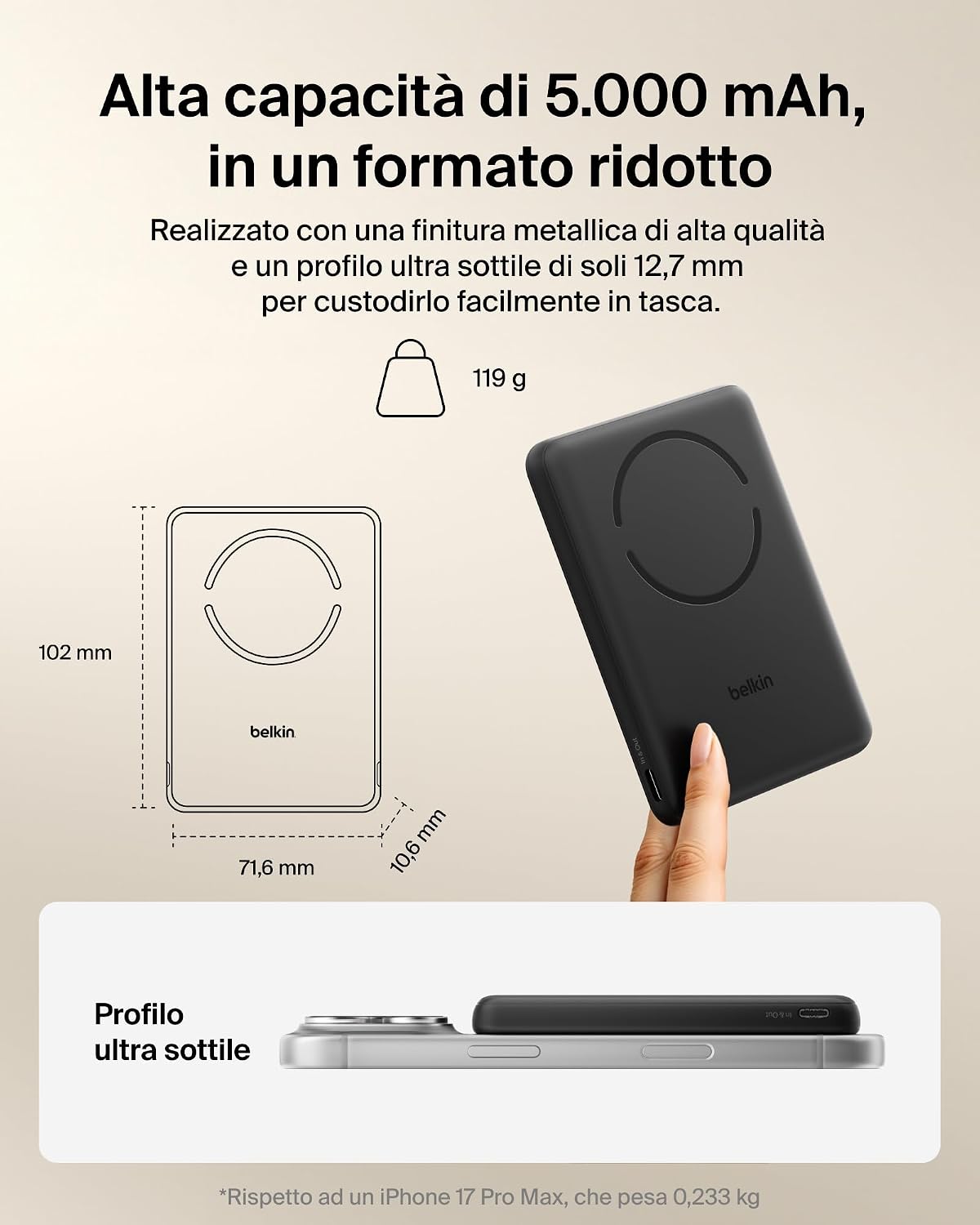 Detalle 2 de Belkin BoostCharge Power Bank 5000 mAh Magnetico: ricarica wireless e USB-C, compatibile Qi2