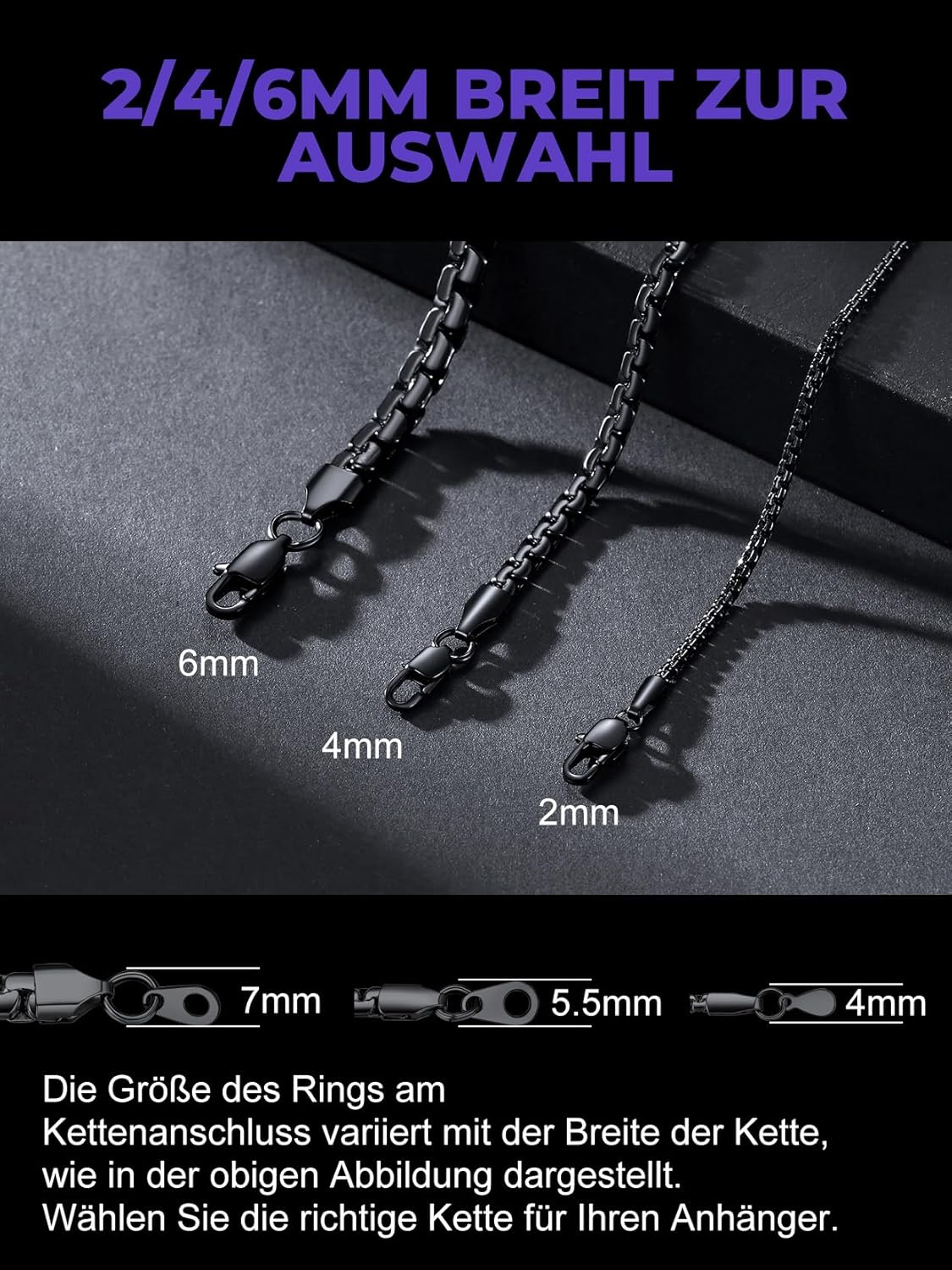 Thumbnail 4 de Richsteel 2/4/6 mm Edelstahl-Kette (Halskette) in Silber/Schwarz/Vergoldet – wählbare Längen 35–76 cm