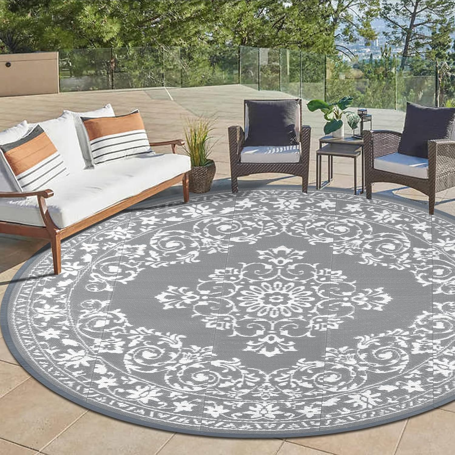 Detalle de Enyhom Tapis Rond 180 cm Réversible en Pailles Plastiques pour Intérieur et Extérieur