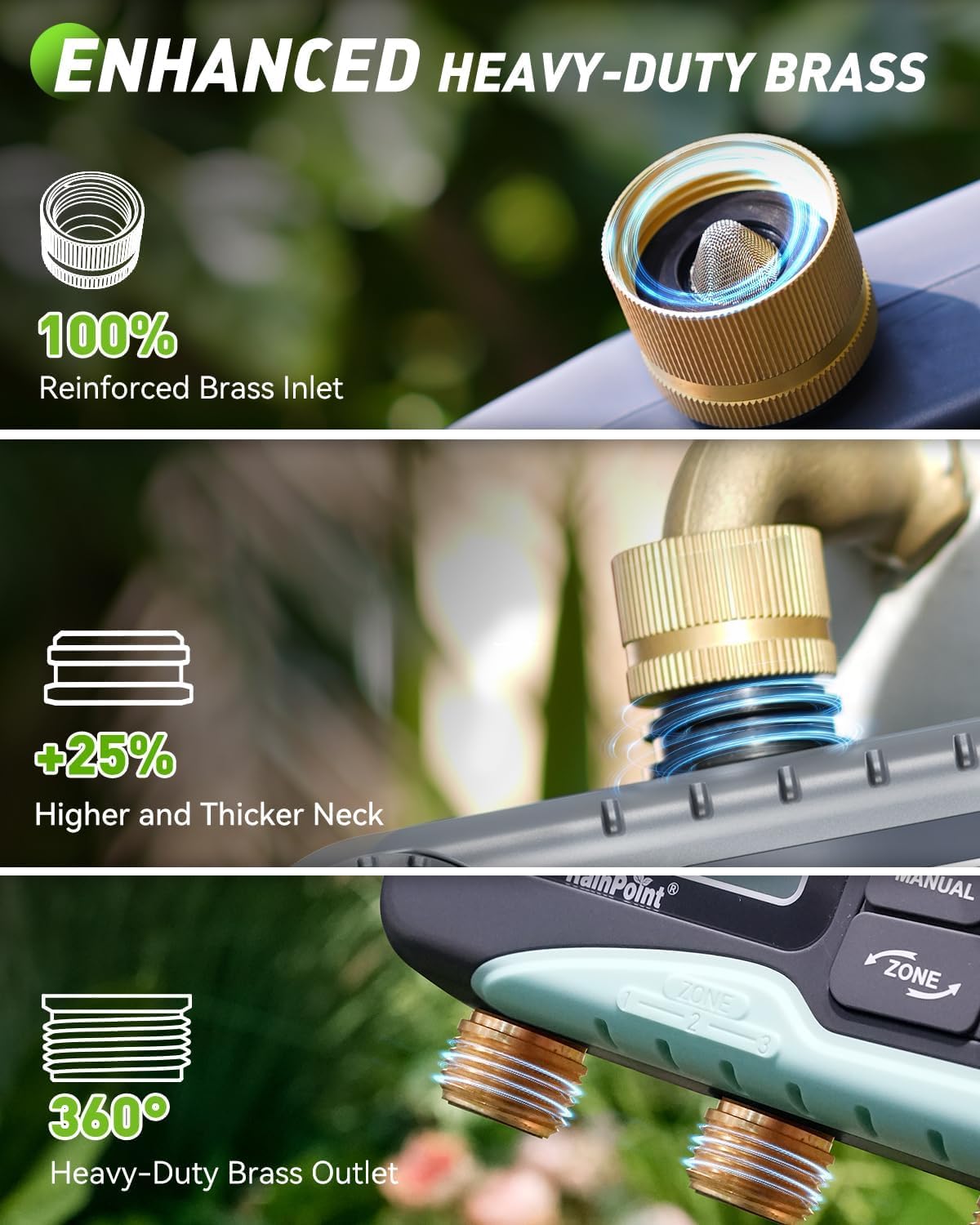 Thumbnail 2 de RAINPOINT Water Timer 3 Outlets with Brass Inlet/Outlet – Automatic sprinkler timer for garden irrigation
