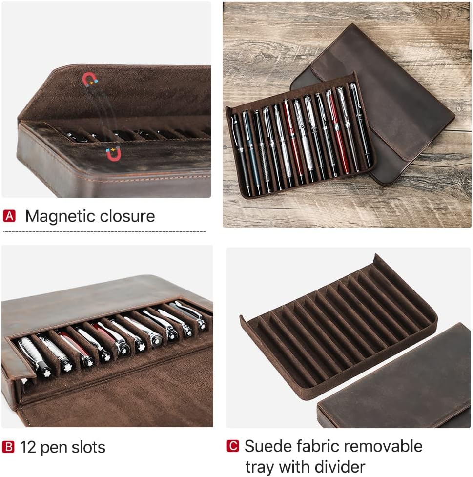 Detalle de Hiram Leather 12-Pen Box: Portable Leather Pen Case with Hidden Magnetic Closure (Coffee)
