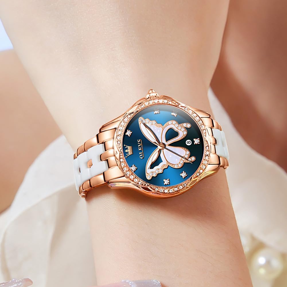 Thumbnail 3 de OLEVS Damen-Diamantuhr: Elegante Luxus-Armbanduhr aus Roségold mit Keramikglas