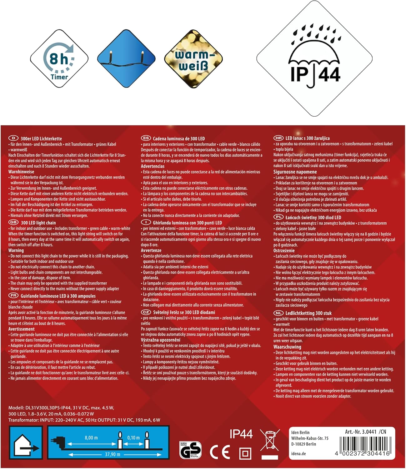 Thumbnail 1 de Idena 30441 LED-Lichterkette mit 300 warmweißen LEDs und 8-Stunden-Timer (ca. 37,9 m)