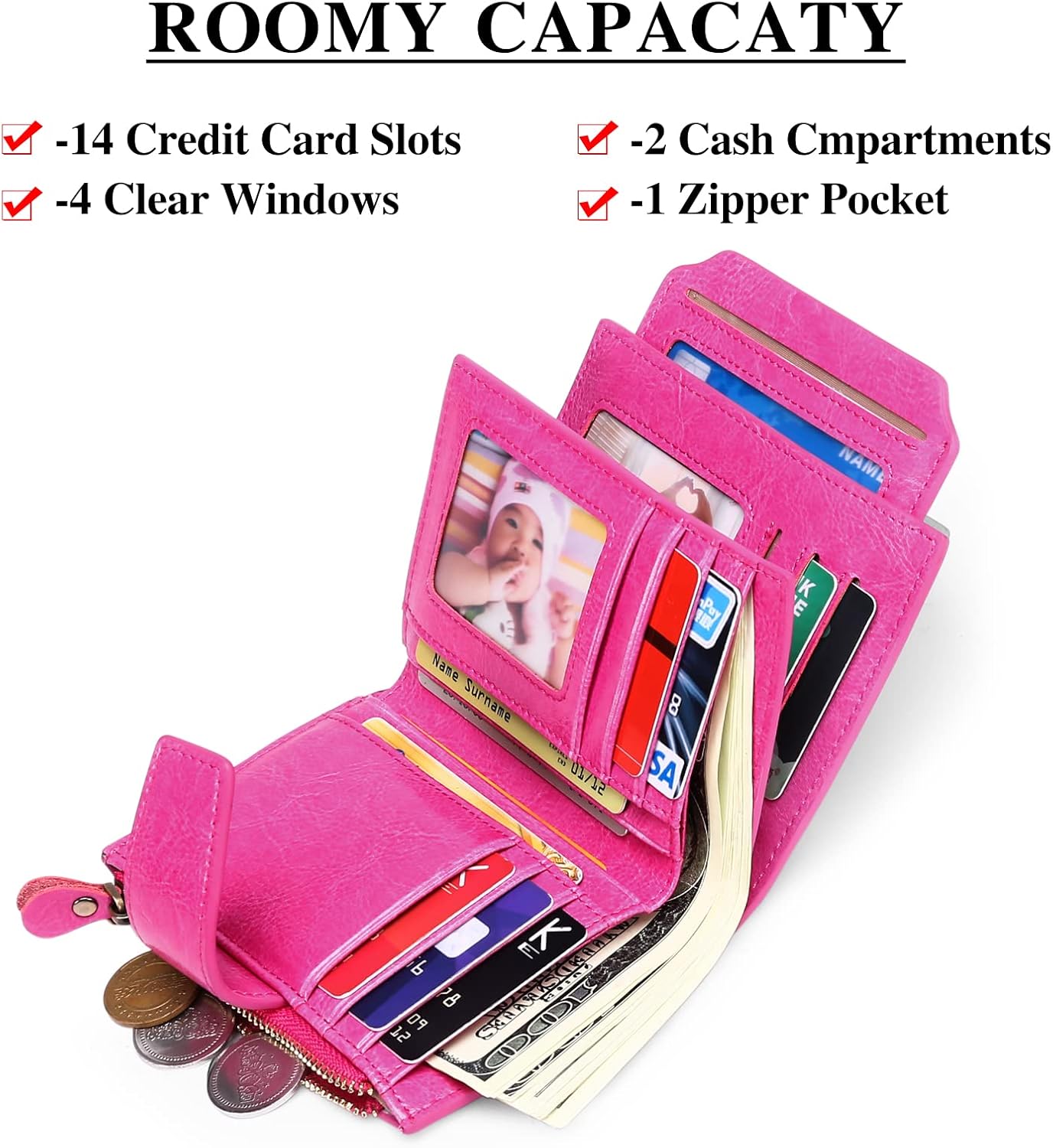Thumbnail 4 de SENDEFN Women's RFID Blocking Leather Small Compact Bi-fold Wallet with Zipper Pocket