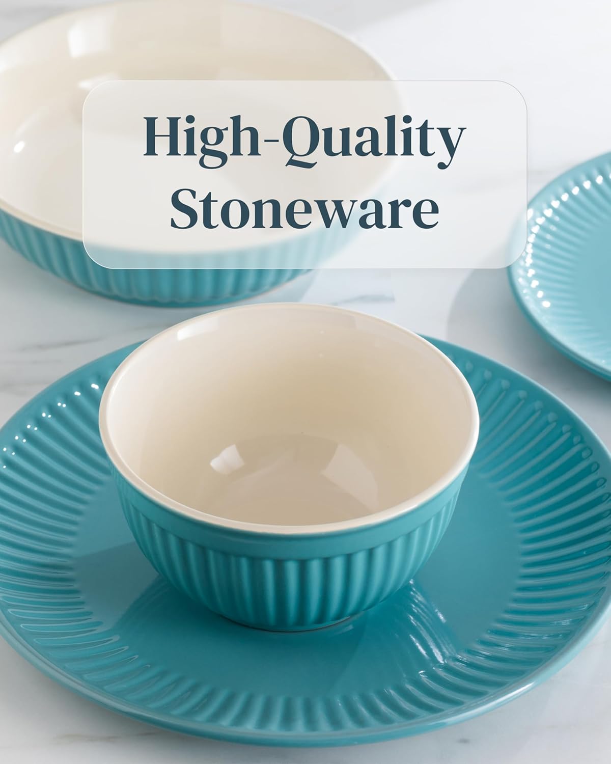 Thumbnail 5 de Stoneware Dinnerware Set for 8 People HYGGE 24-Piece: Elegant Scandi Green Ribbed Tableware