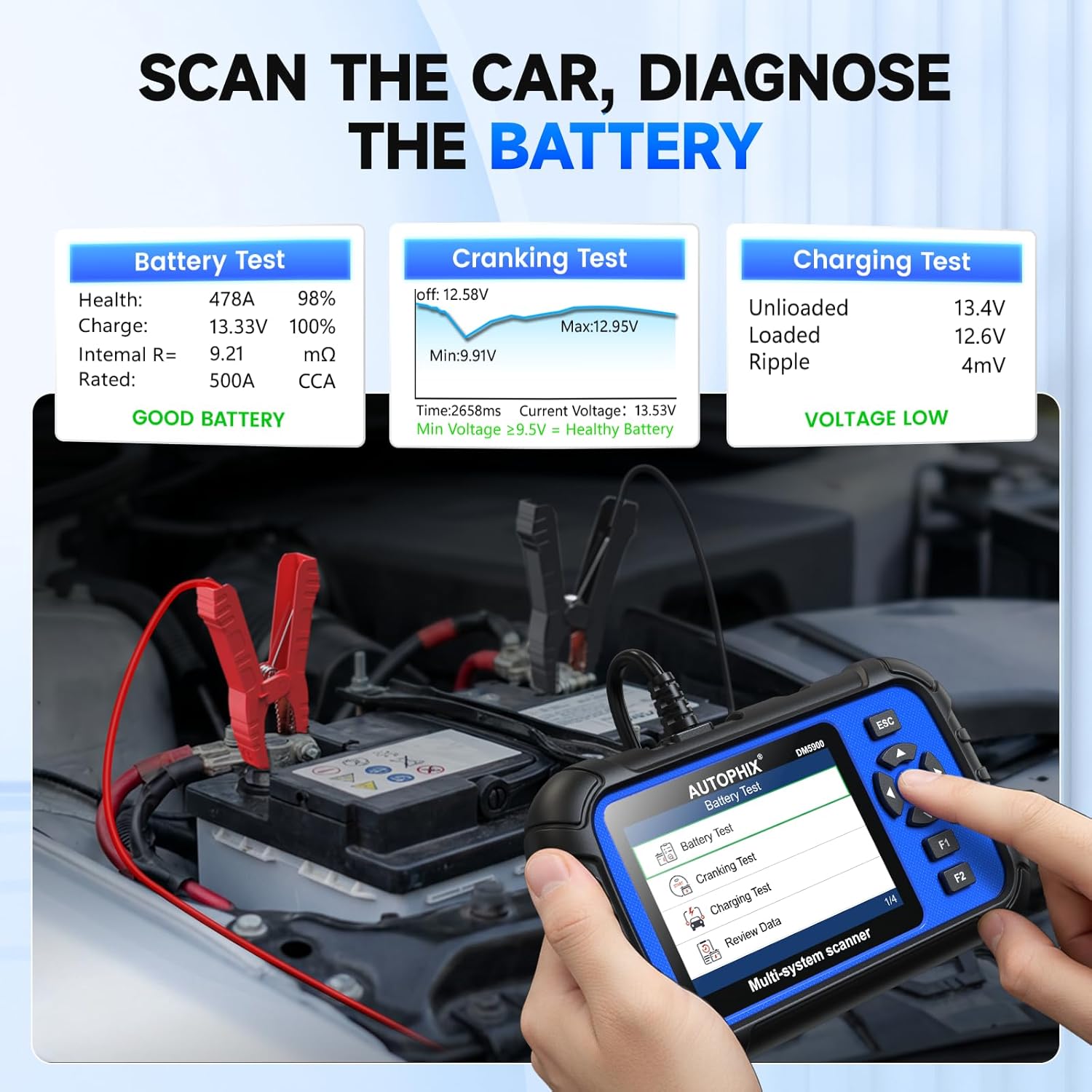 Detalle de AUTOPHIX 4 Systems Car Diagnostic Tool: DM5900 4‑System OBD2 Scanner, 12V Battery Tester and Bluetooth Engine Reader