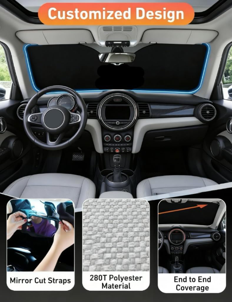Detalle de Mini Cooper windshield sun shade, 210T reflective fabric