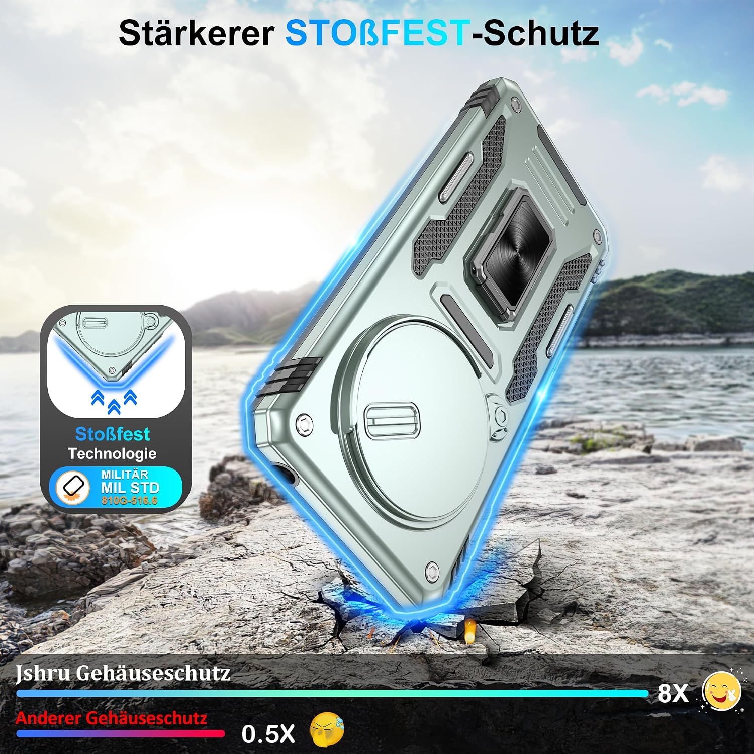Detalle de Jshru Hülle für Xiaomi Redmi 14C / Poco C75 – Kameraschutz Slide, 360° Metallständer, zwei Schutzfolien, Militär-Grad Stoßfest, Alpengrün