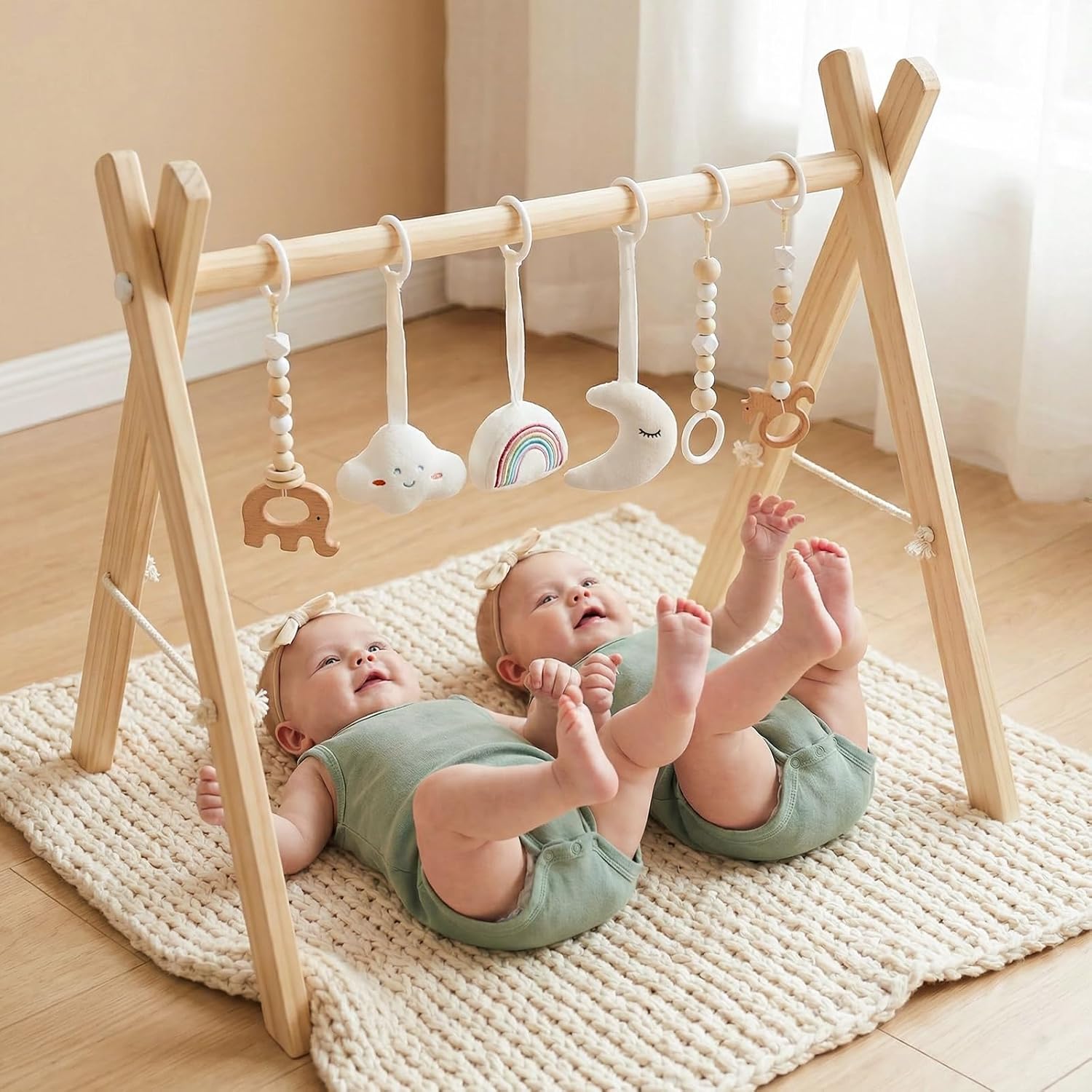 Detalle de Mallify HTBG-01 Wooden Baby Gym with 6 Hanging Toys, Foldable Pine Frame