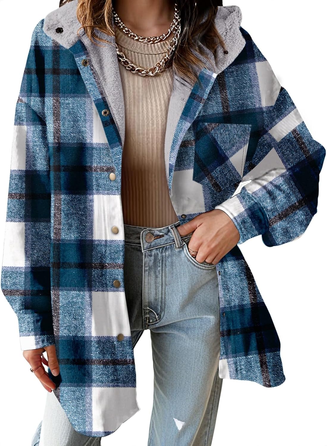 Detalle de Dokotoo 2025 Flannel Hooded Plaid Shacket — Fleece Jacket