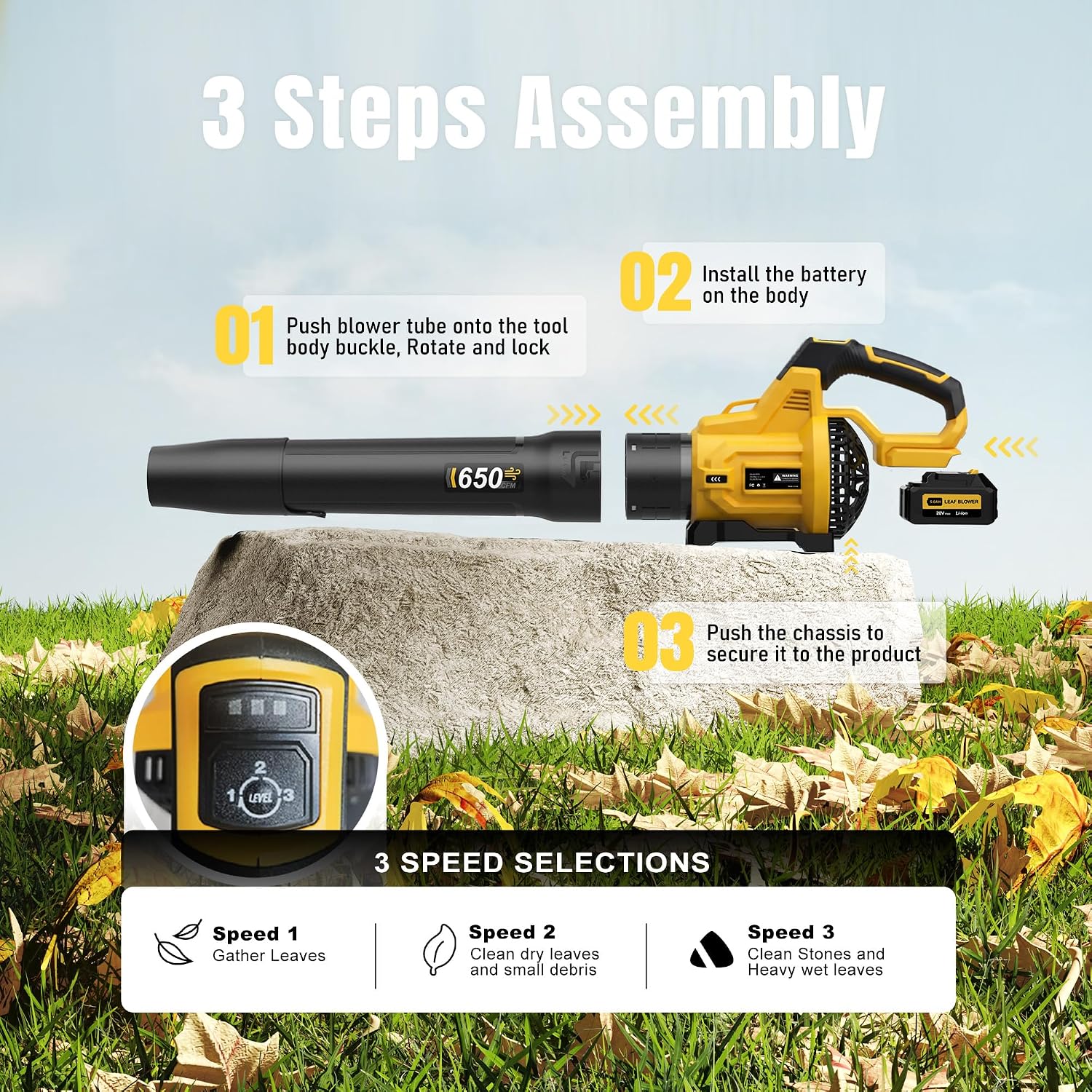 Detalle 2 de LOSART CYJ Cordless Leaf Blower, 650 CFM, 3 Speeds, Dual 5.0Ah Batteries