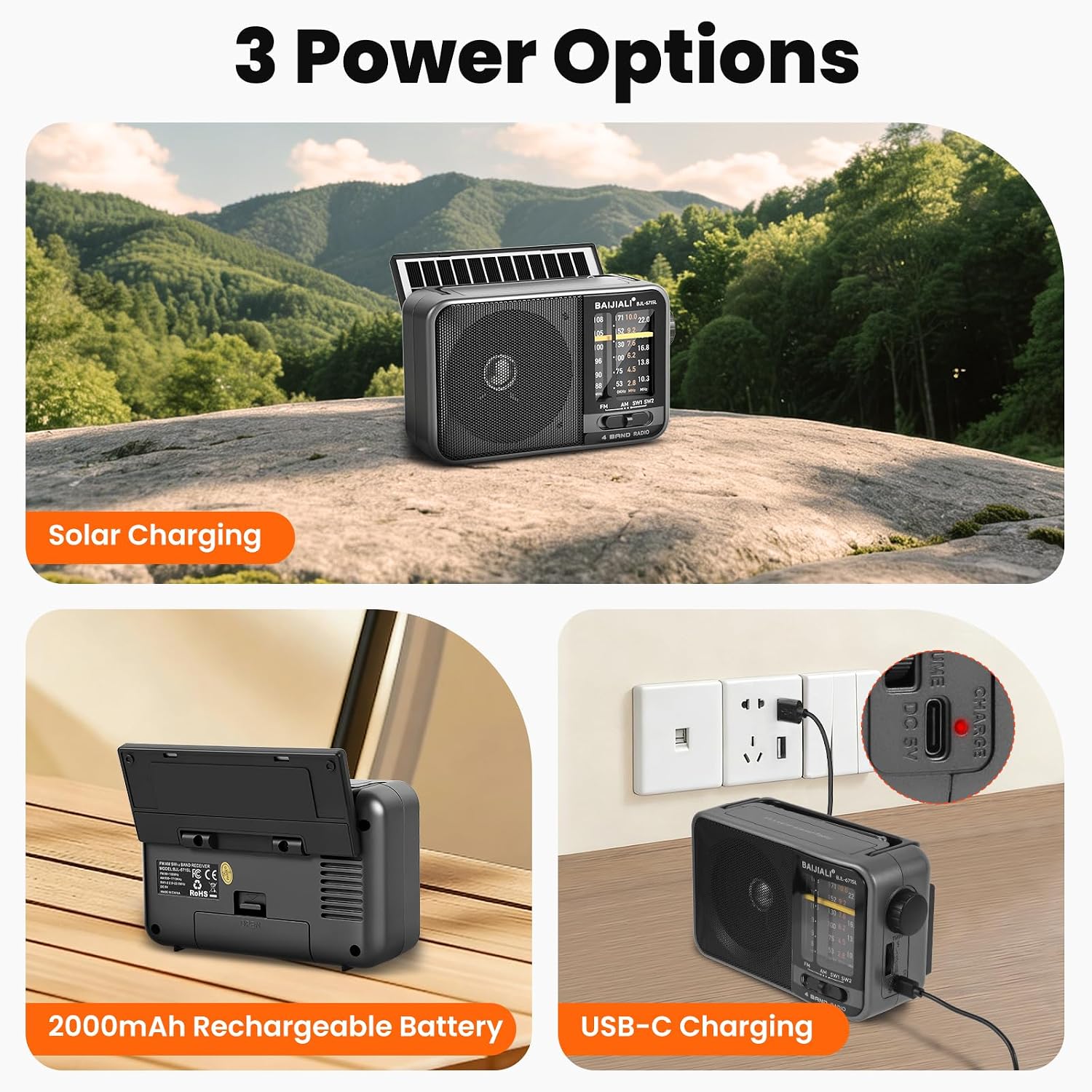 Detalle de BAIJIALI BJL-671SL Portable Radio with AM/FM/SW, Solar Charging and USB-C