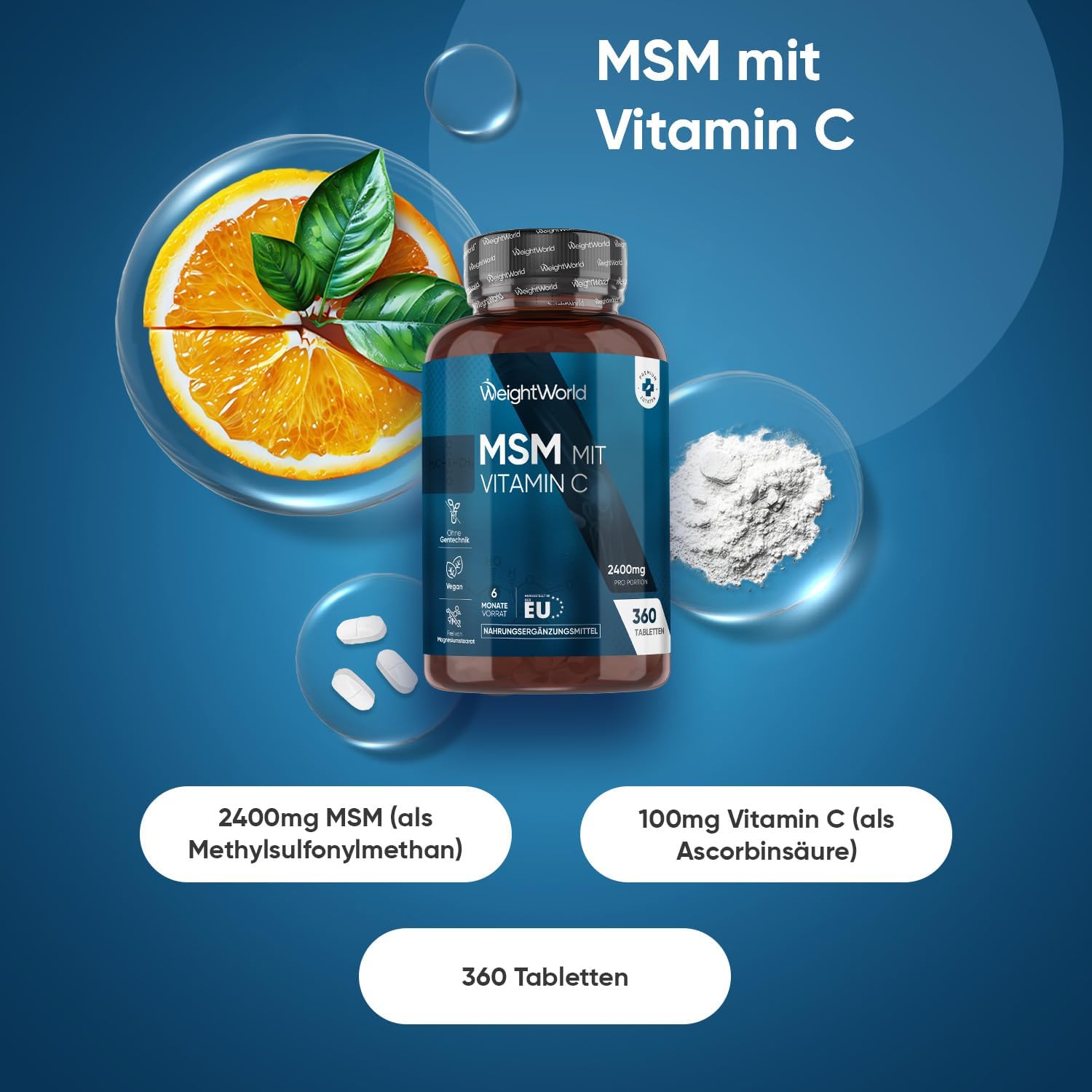 Thumbnail 1 de WeightWorld MSM Tabletten mit 2.400 mg MSM & 100 mg Vitamin C (360 vegane Tabletten) – 6-Monate-Vorrat