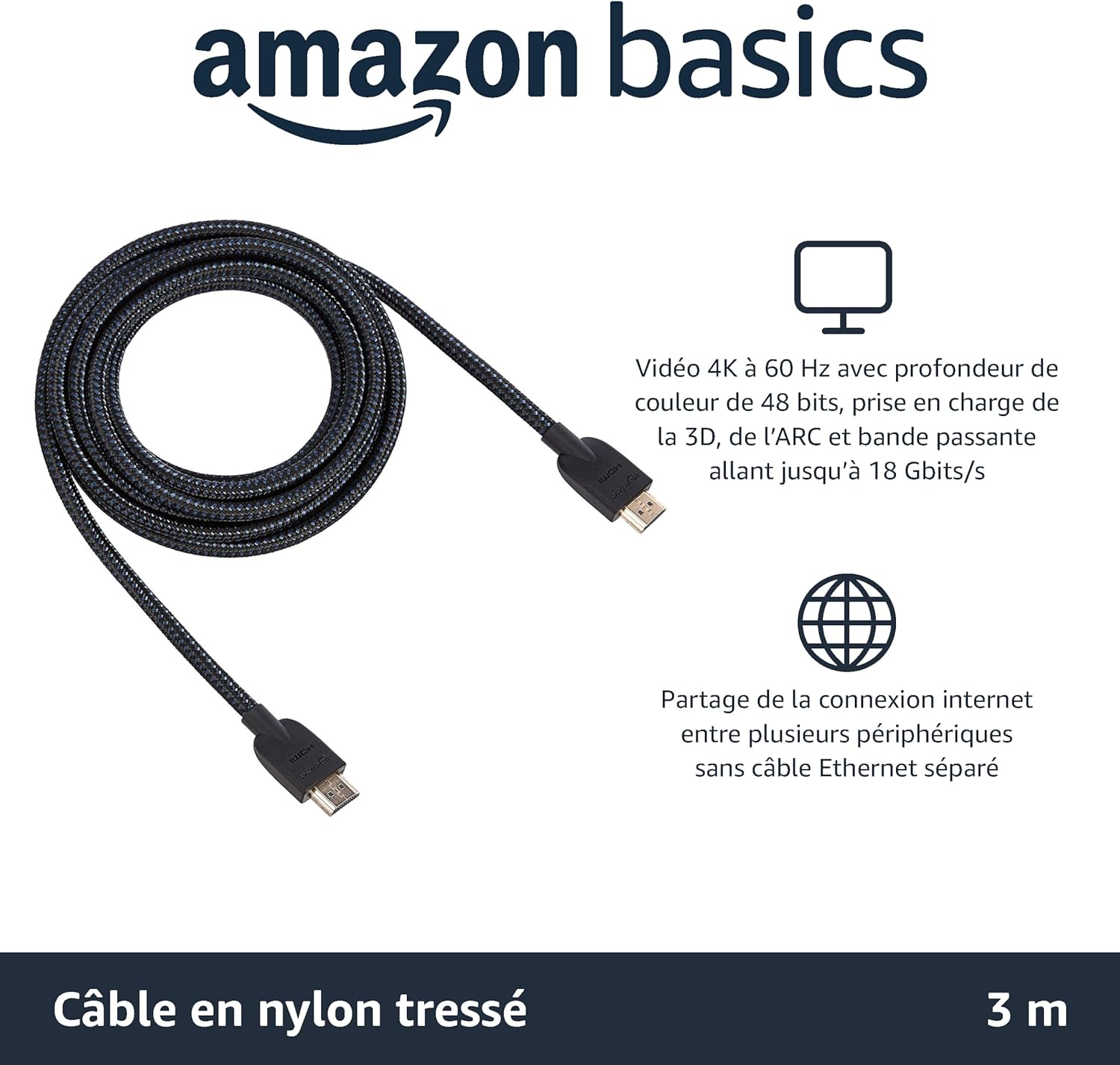 Detalle 2 de Amazon Basics Câble HDMI tressé - 3,04 m, Noir