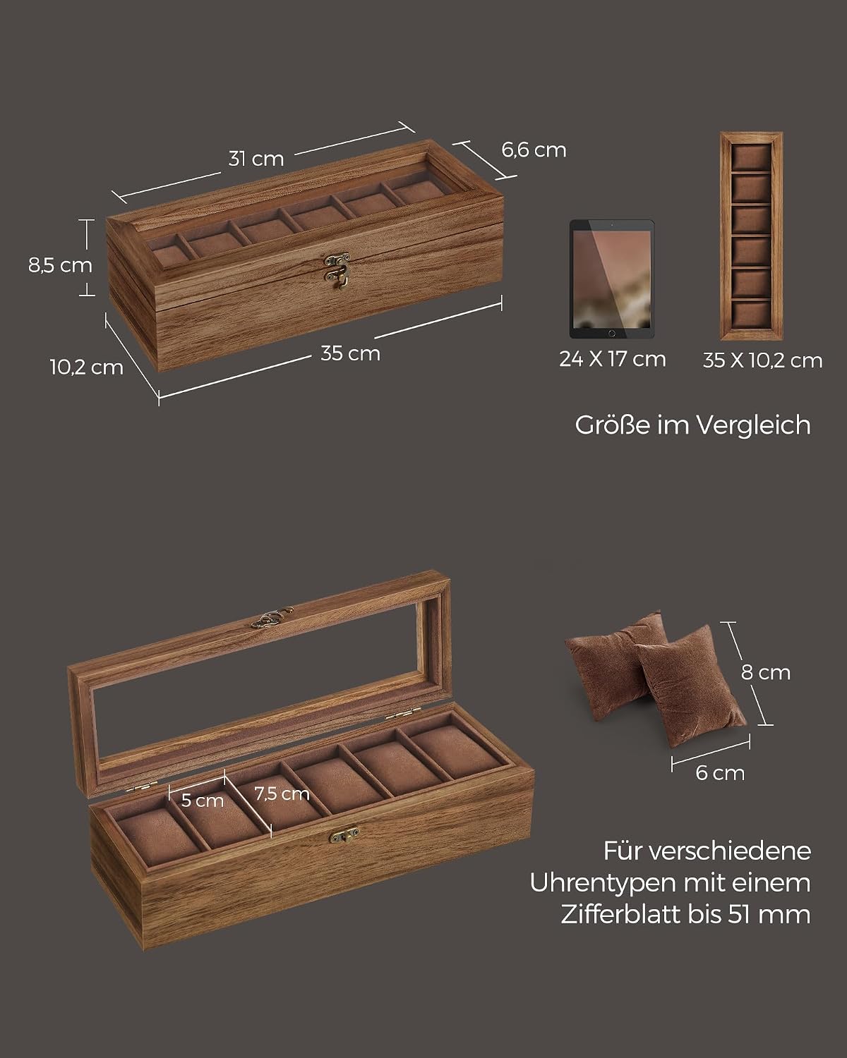 Detalle 2 de SONGMICS Uhrenbox JOW006K01 – Massivholz Uhrenkasten mit Glasdeckel, 6 Fächer, Walnuss